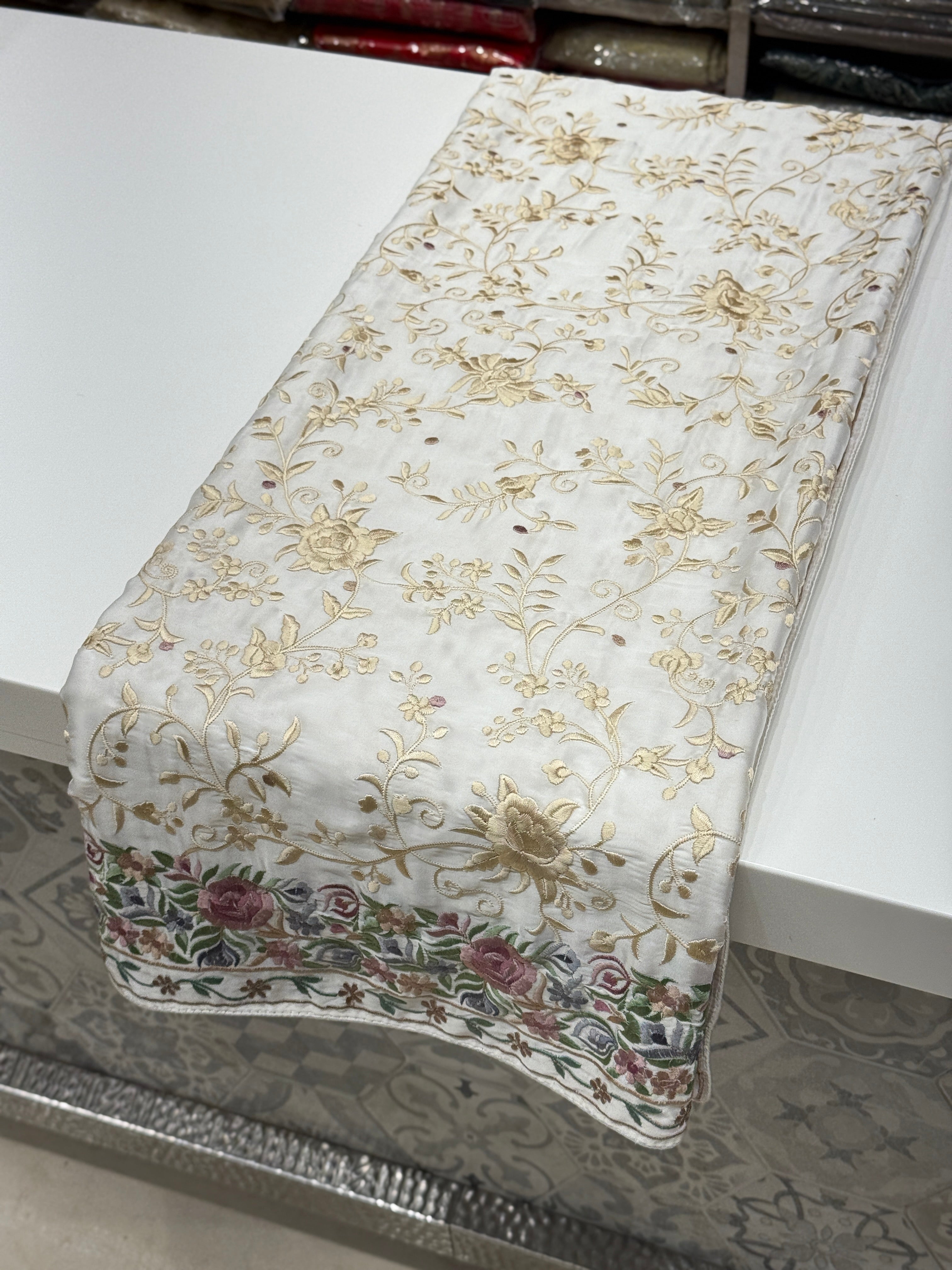 White Georgette Multi Colour Jaal Parsi Gara Saree