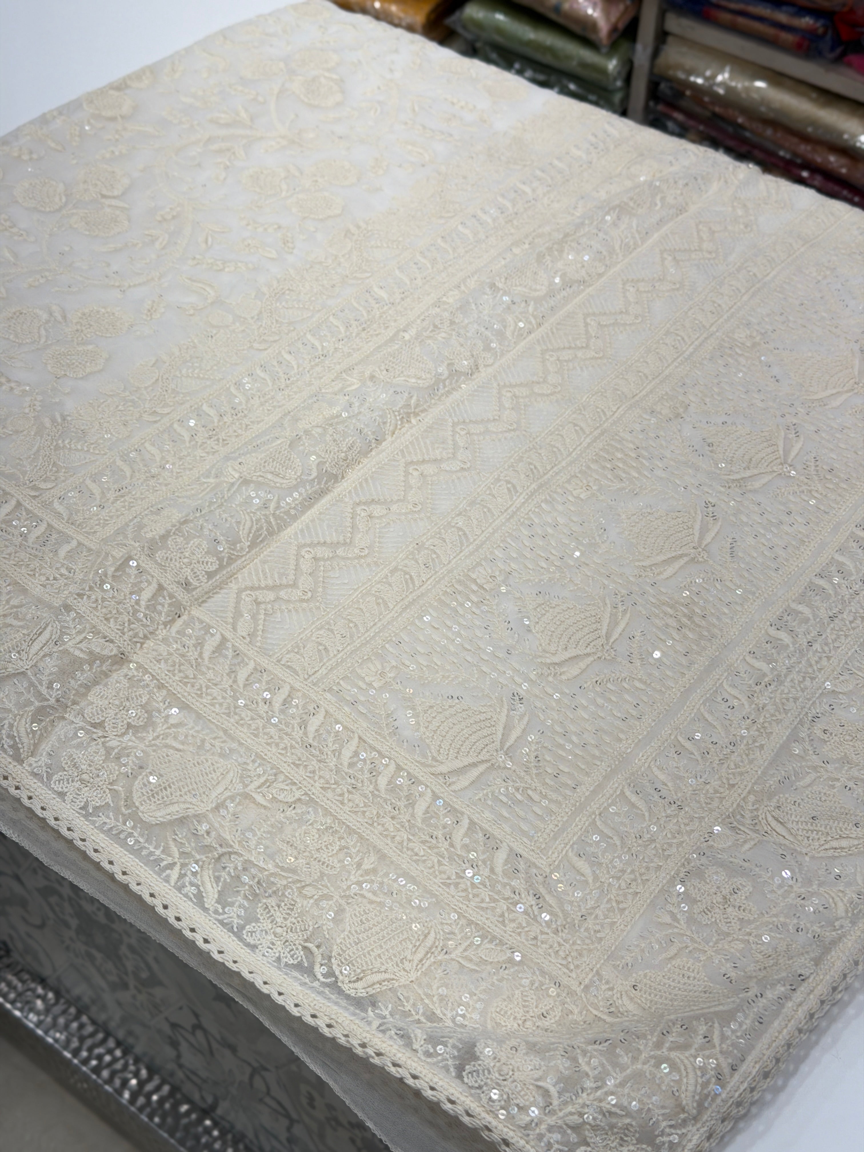 White Chikankari Georgette Jaal Resham Sequin Embroidery Saree