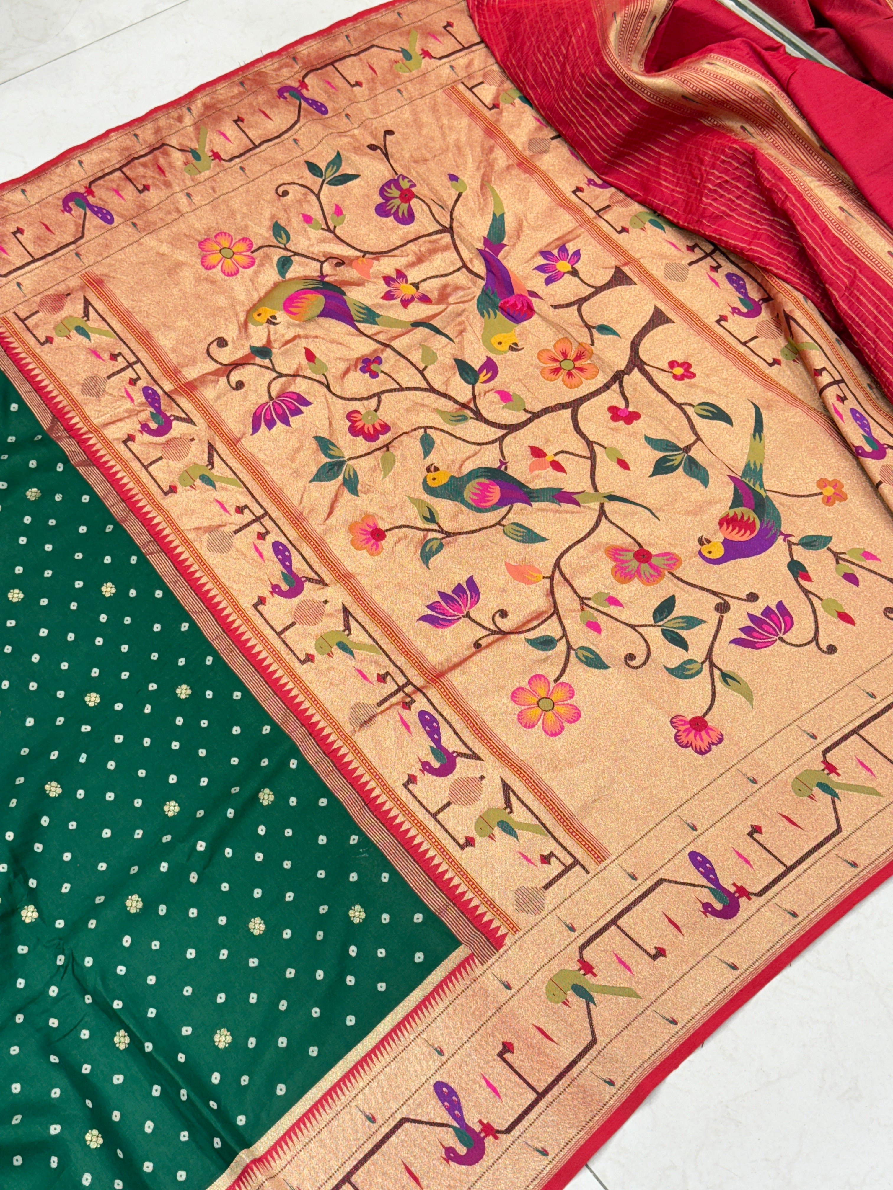 Bottle Green Munga Paithani Saree