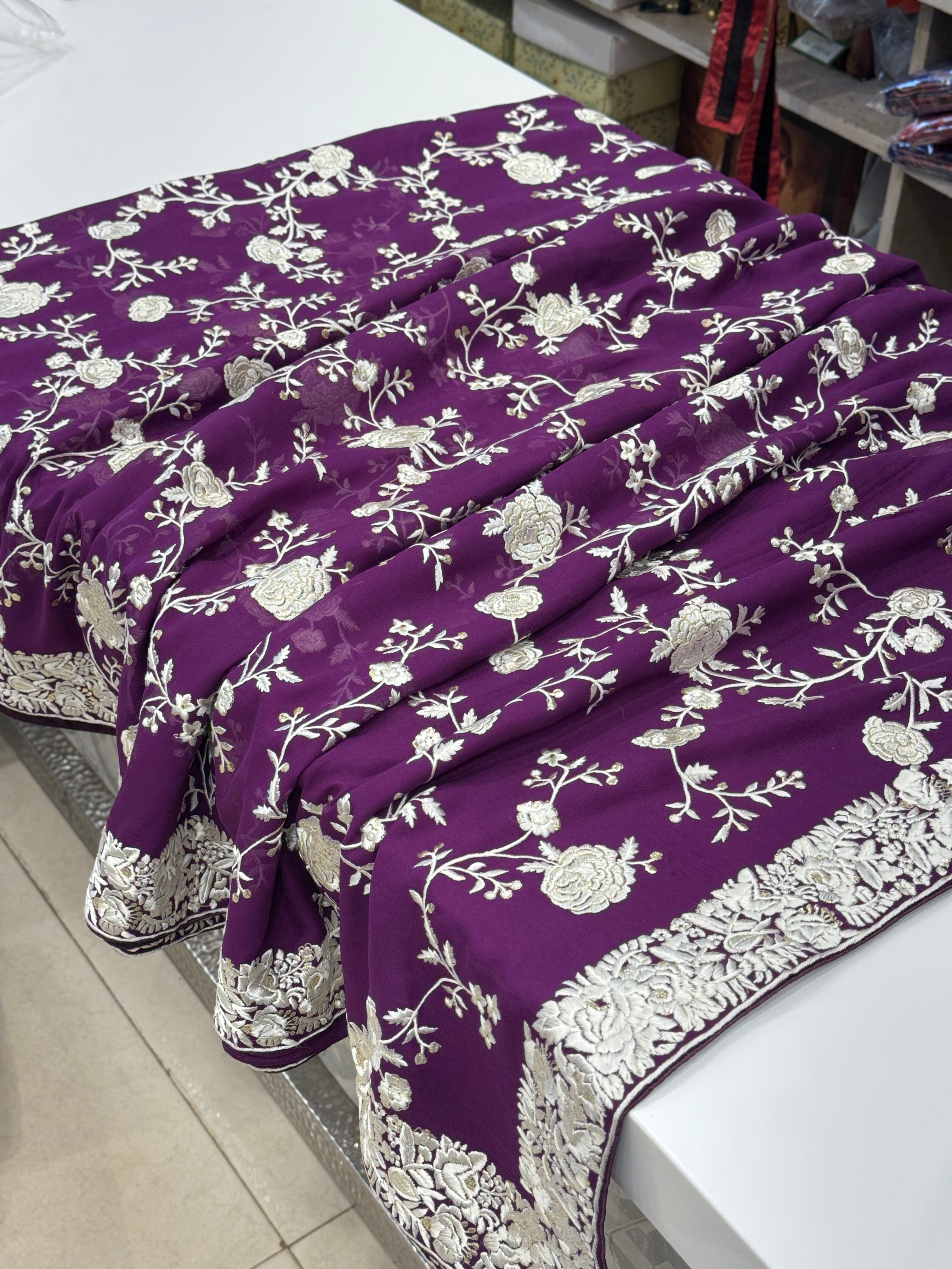 Violet Floral Parsi Gara Jaal Saree