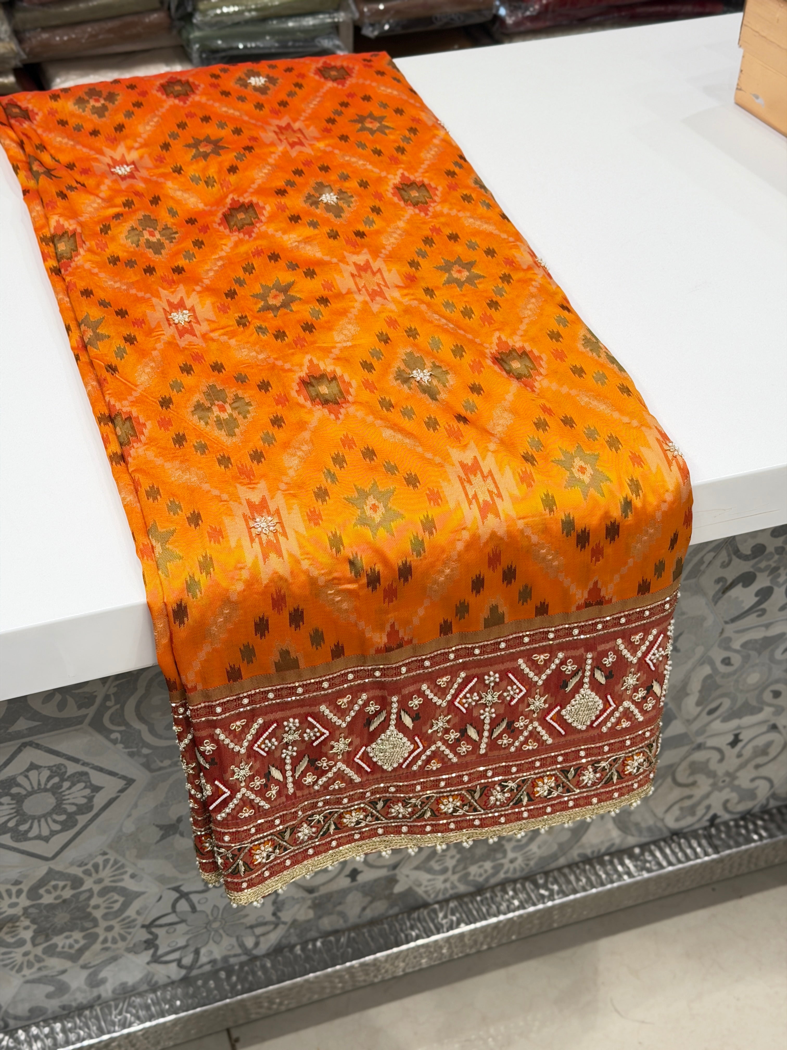 Orange Banarasi Patola Zardosi Hand Embroidery Moti Work Saree