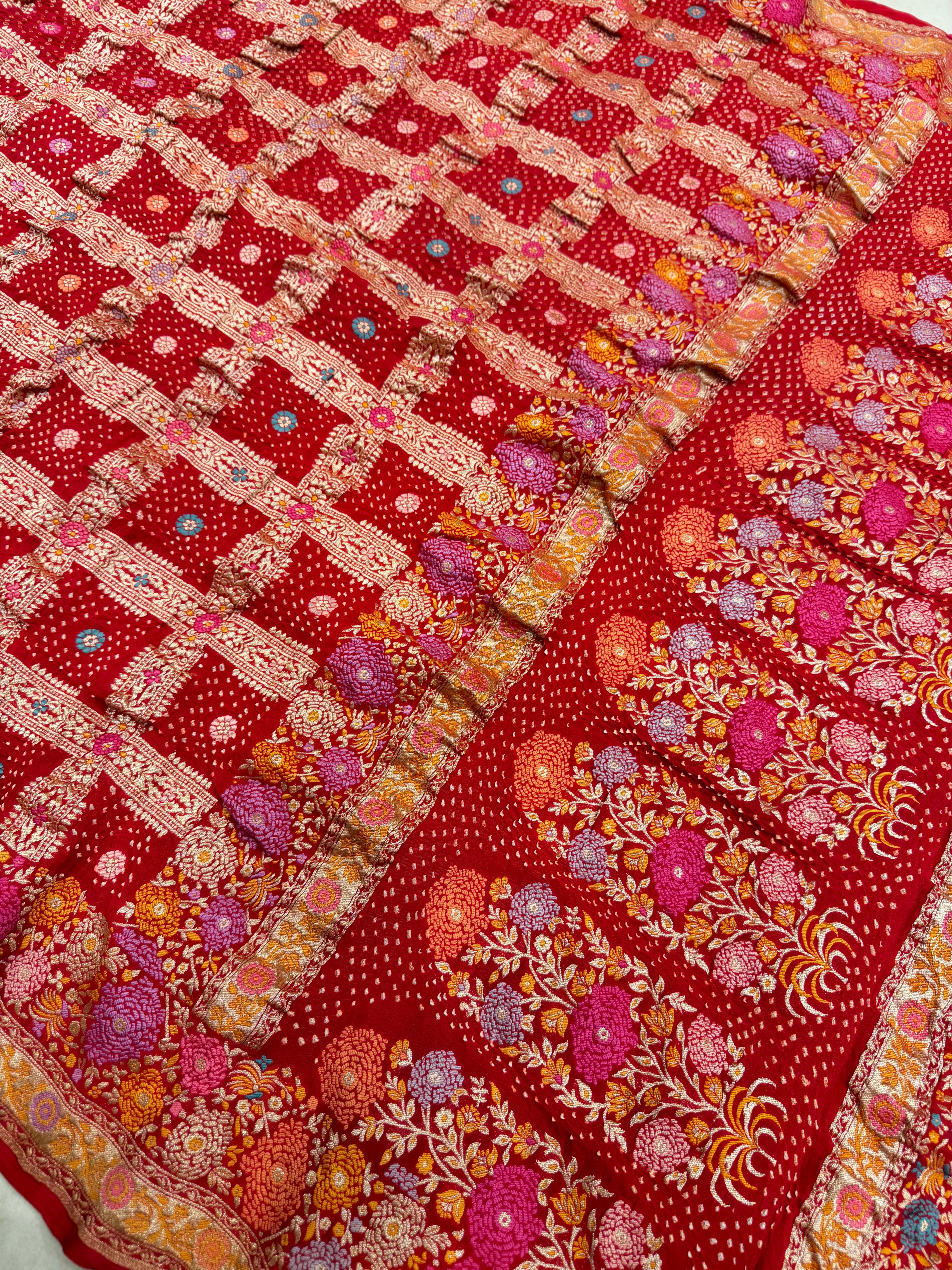 Red Meenakari Checkered Rai Bandhej Bandhini Saree