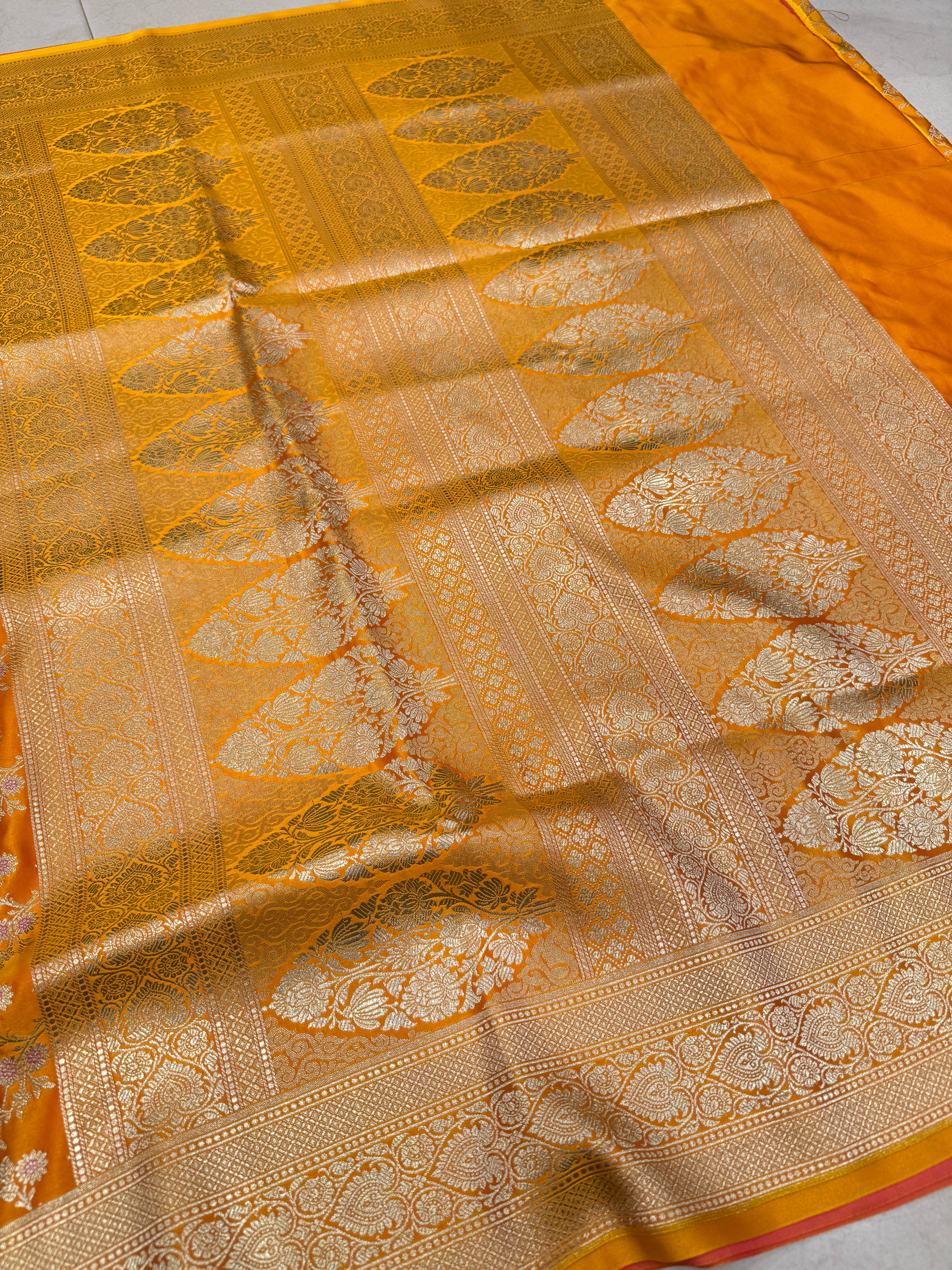 Mango Yellow Banarasi Silk Heart Border Saree
