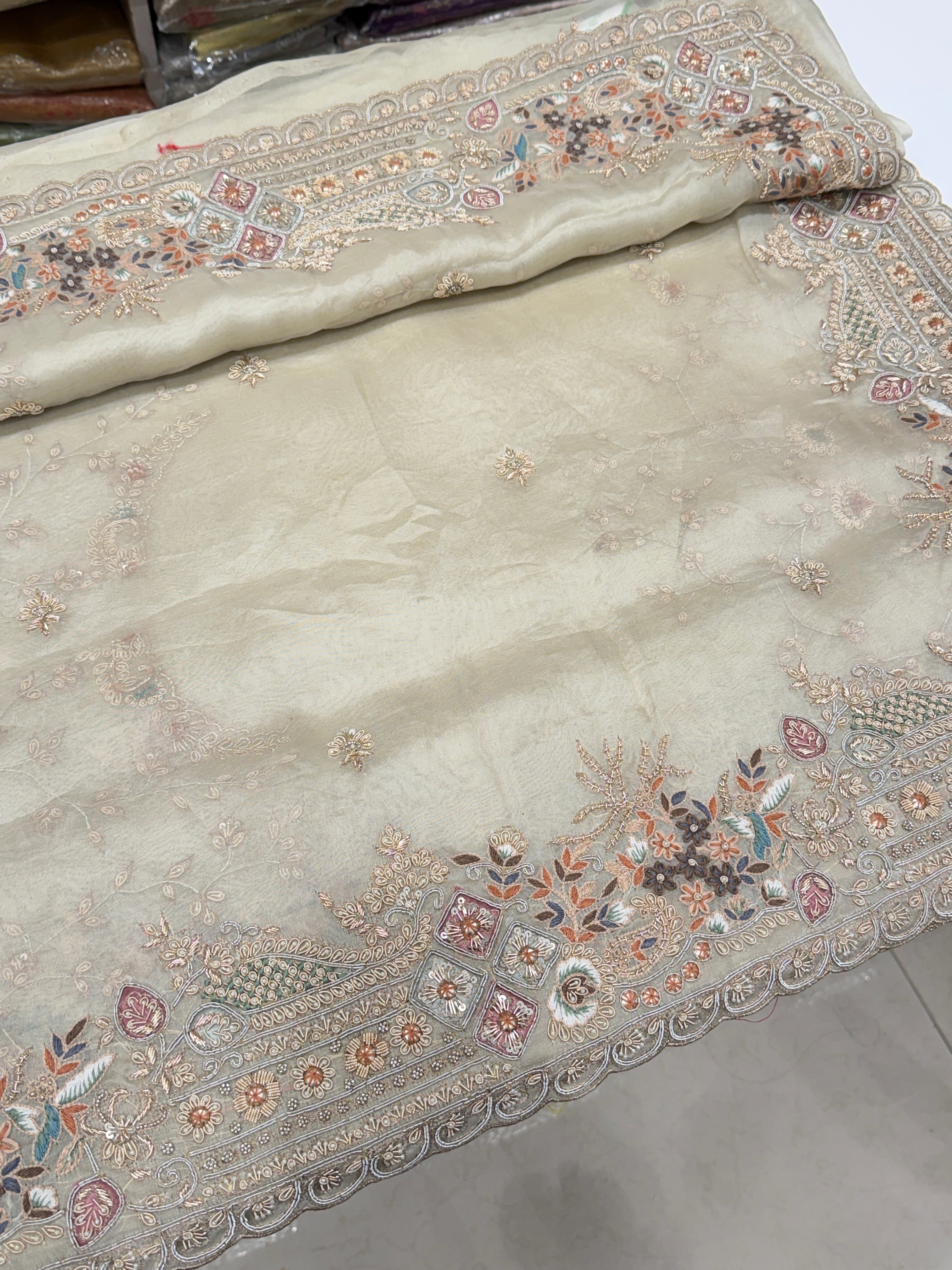 Moti White Organza Border Zardosi Resham Hand Embroidery Saree