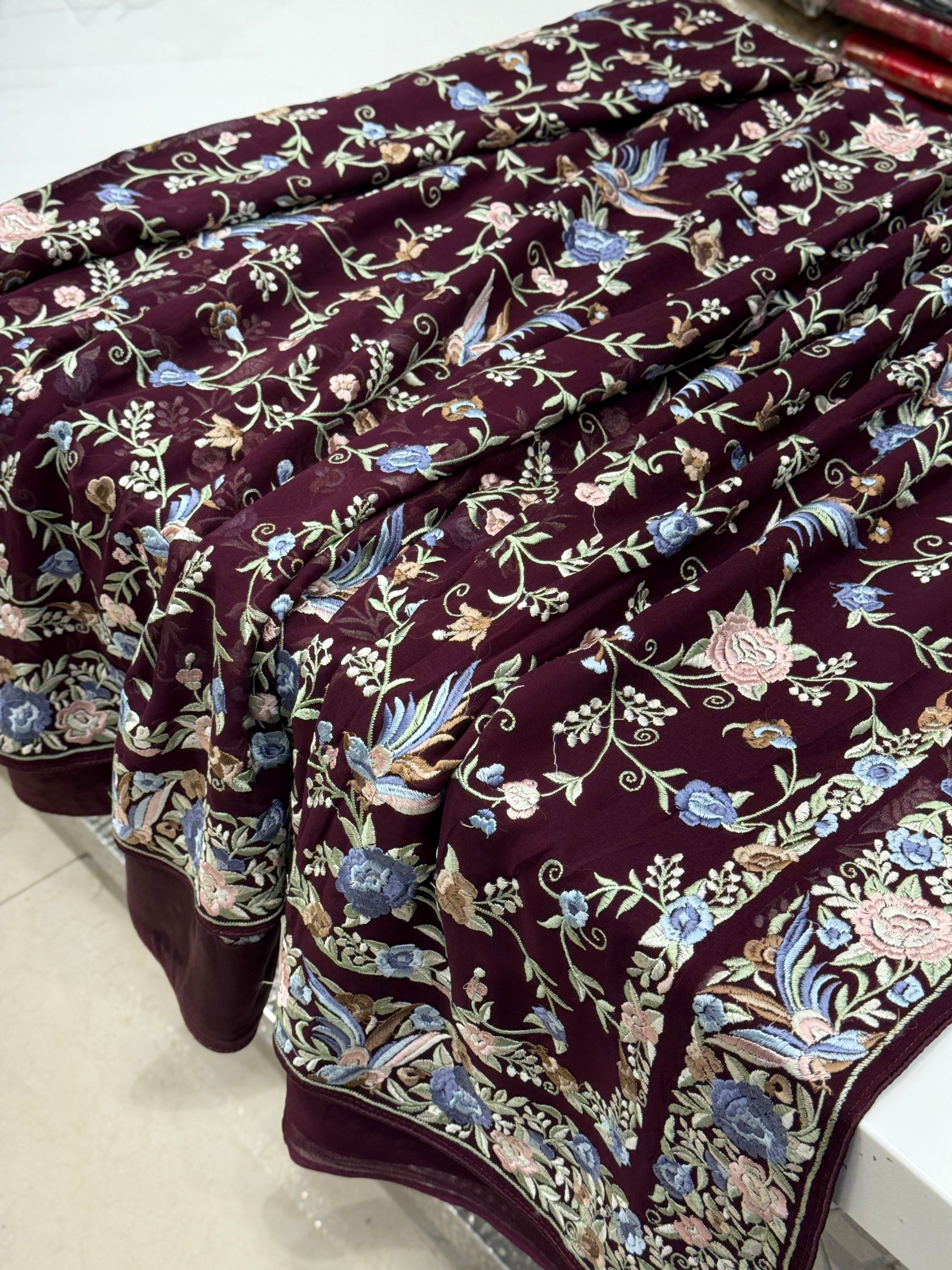 Wine Double Border Embroidery Parsi Gara Saree