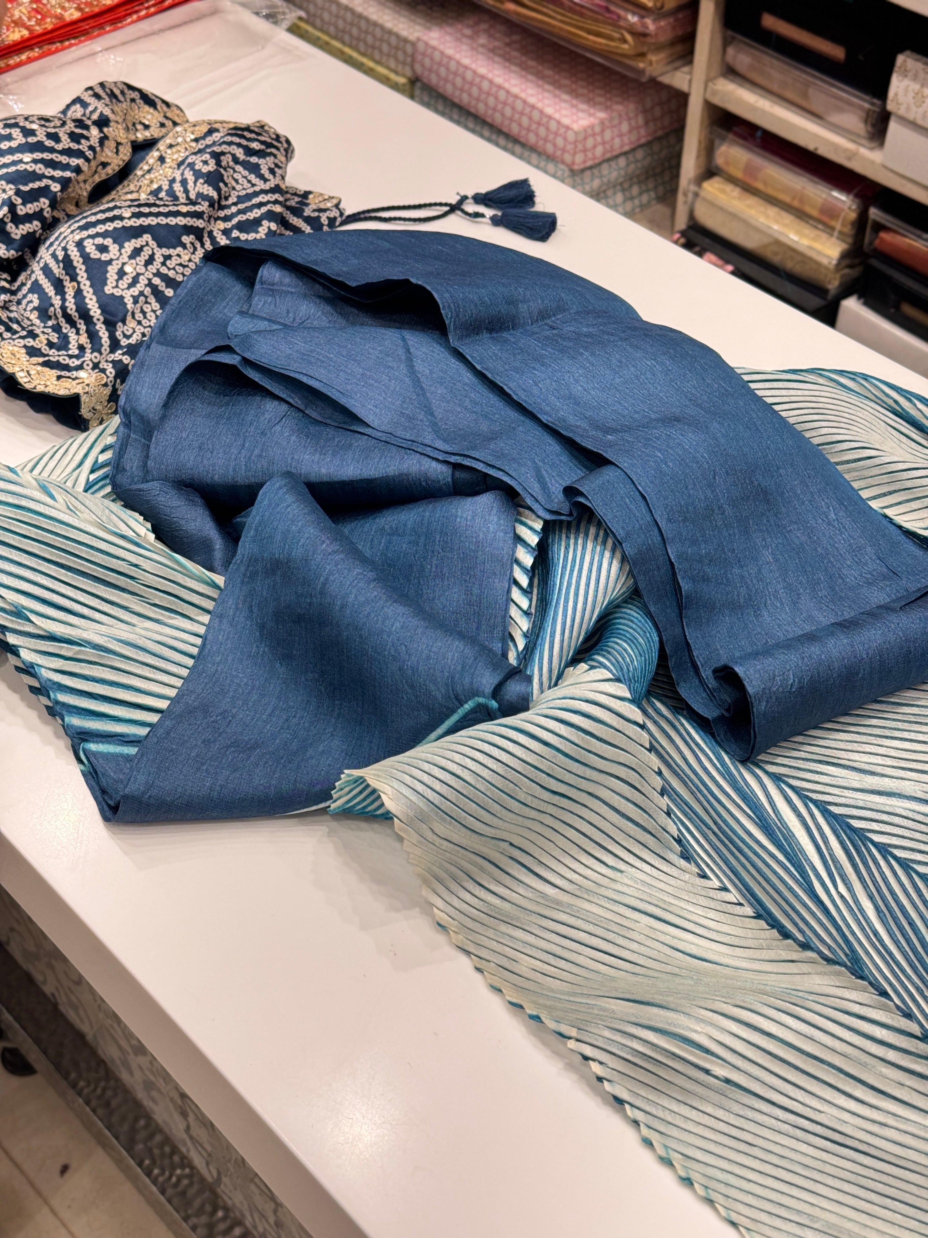 Blue Crushed Tussor with Ready Blouse Saree