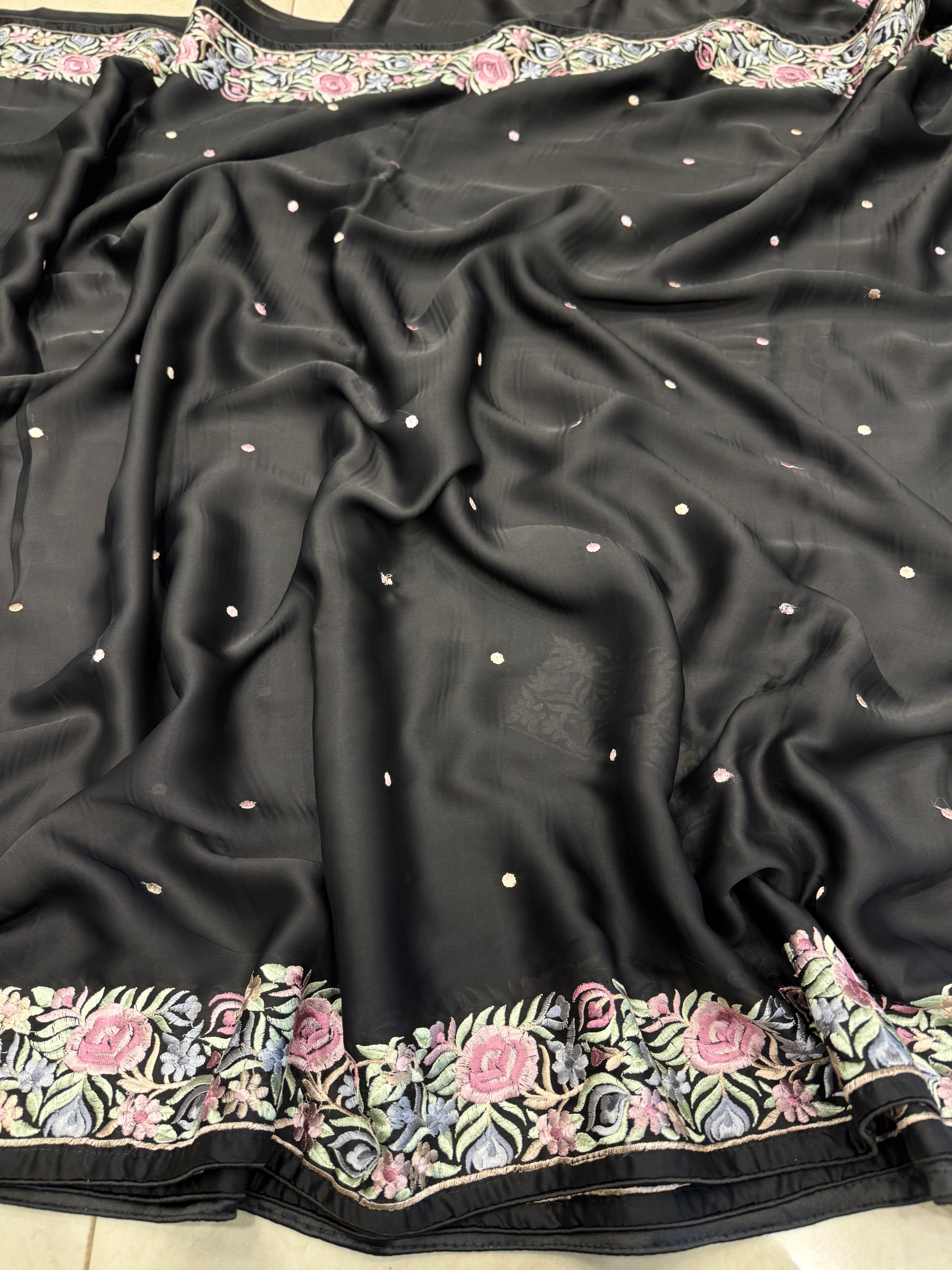 Black Satin Parsi Gara Saree