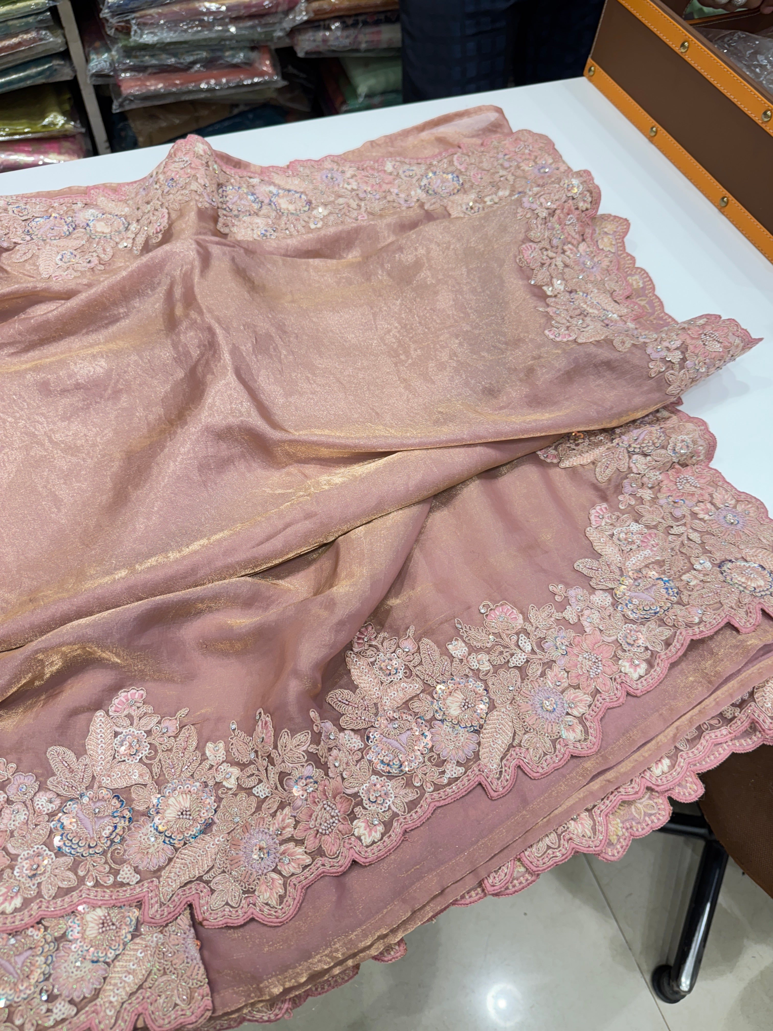 Pink Satin Tissue Embroidered Saree with Ready Blouse