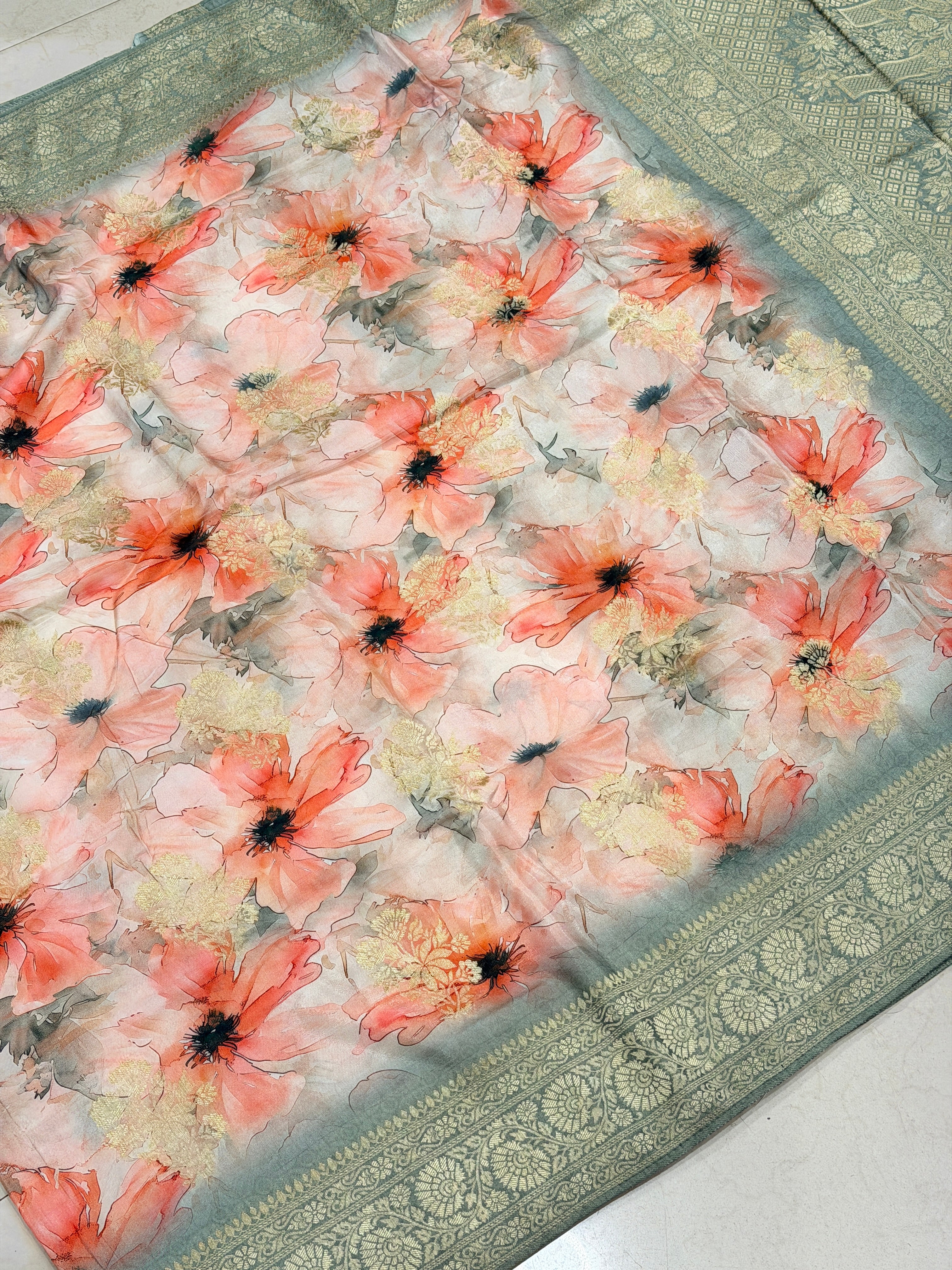 Soft Grey Floral Multi Colour Print Munga Soft Silk Saree