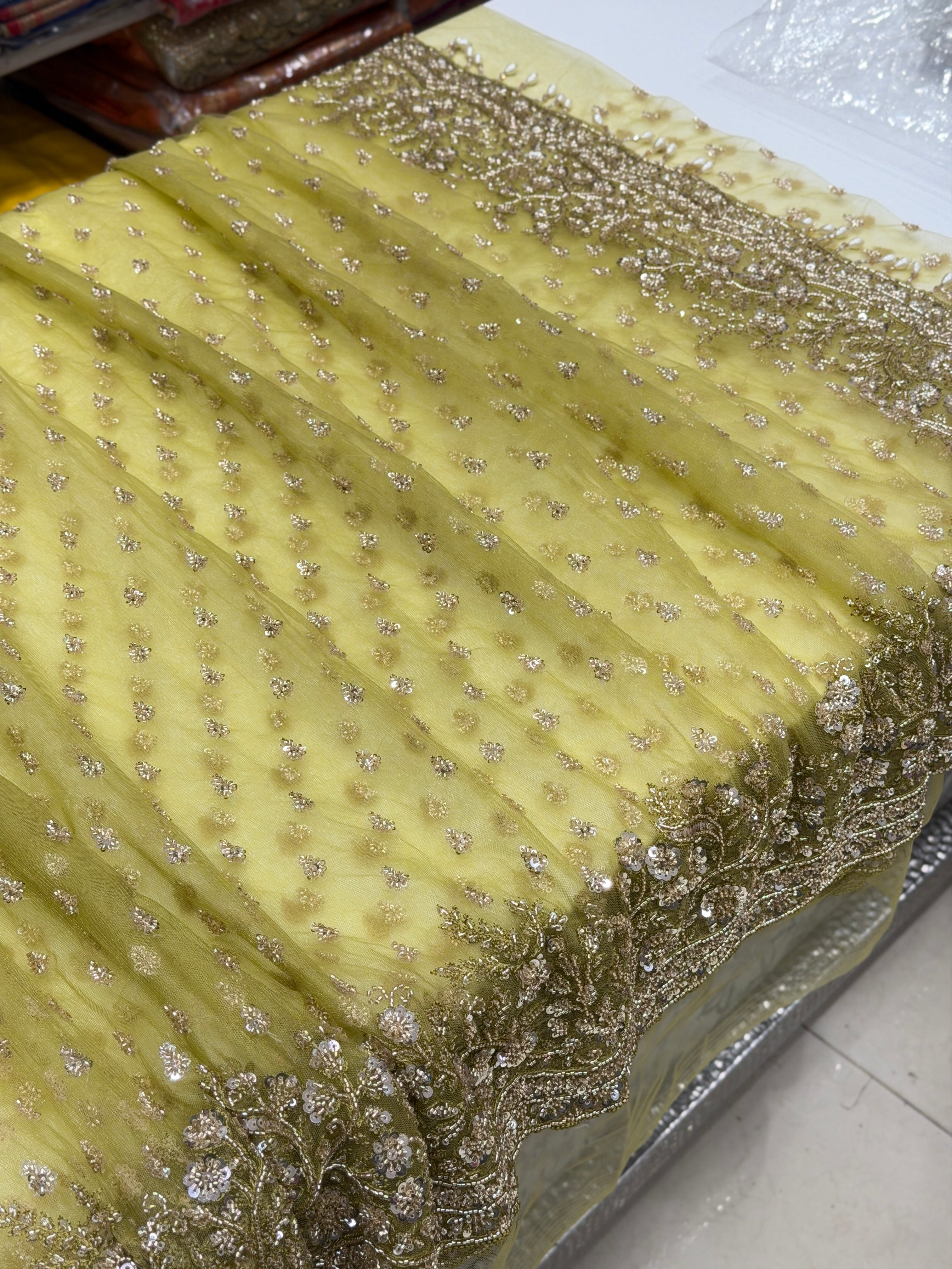 Lime Green Moti Sequin Ready Blouse Soft Net Embroidery Saree