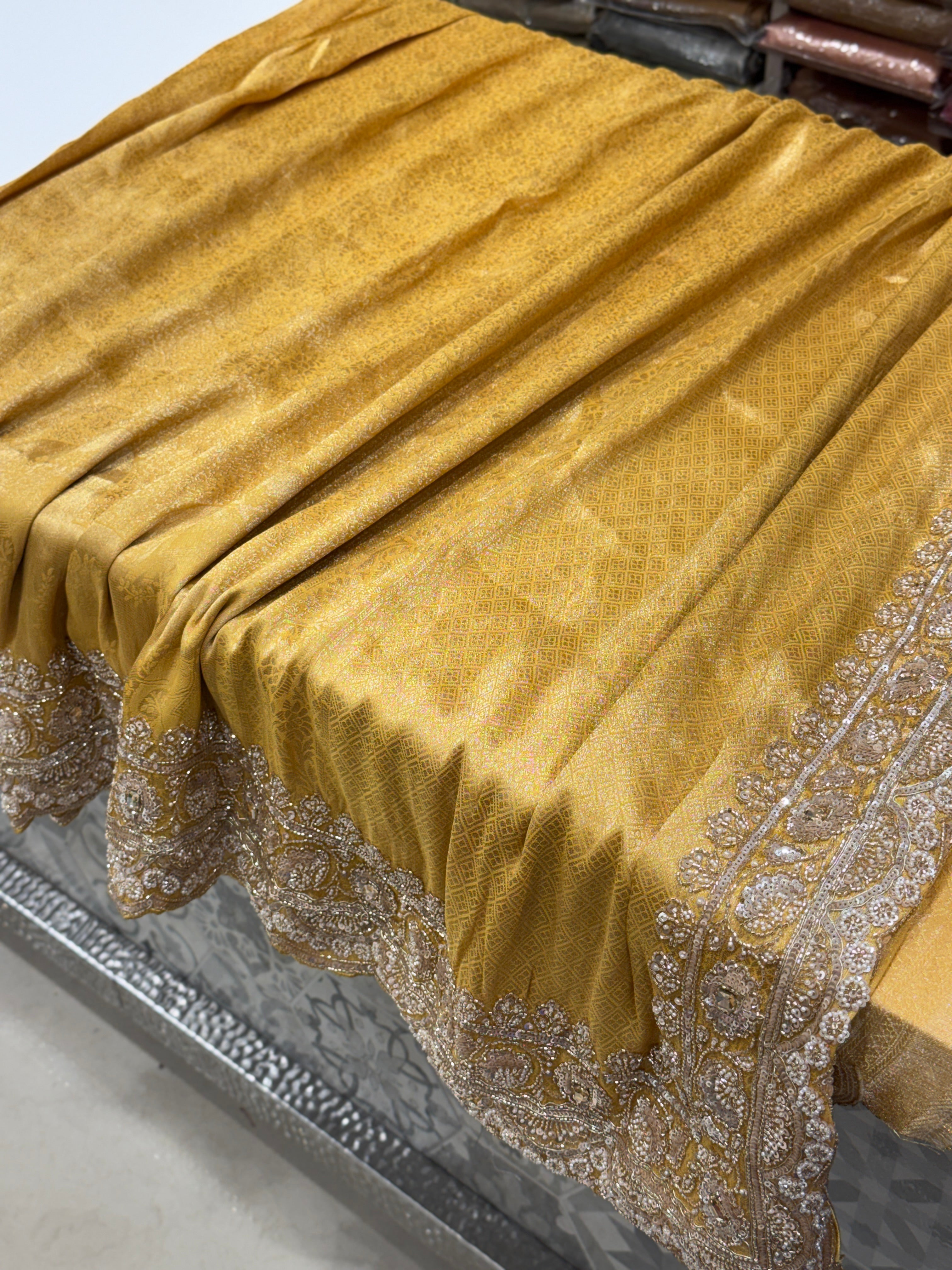 Yellow Soft Silk Moti Cutdana Embroidery Saree