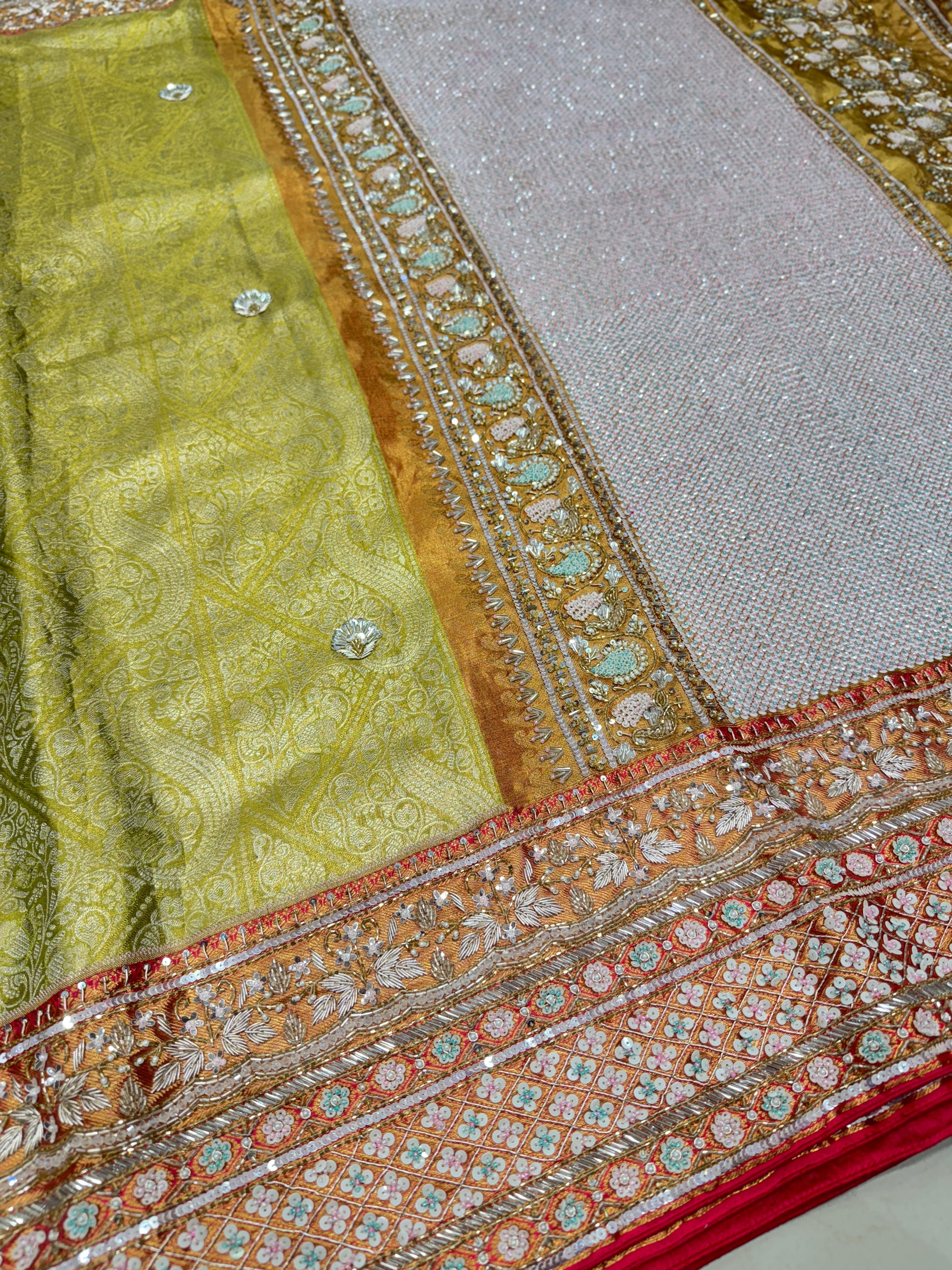 Pista Green Rani Tissue Kanjivaram Hand Embroidery Saree