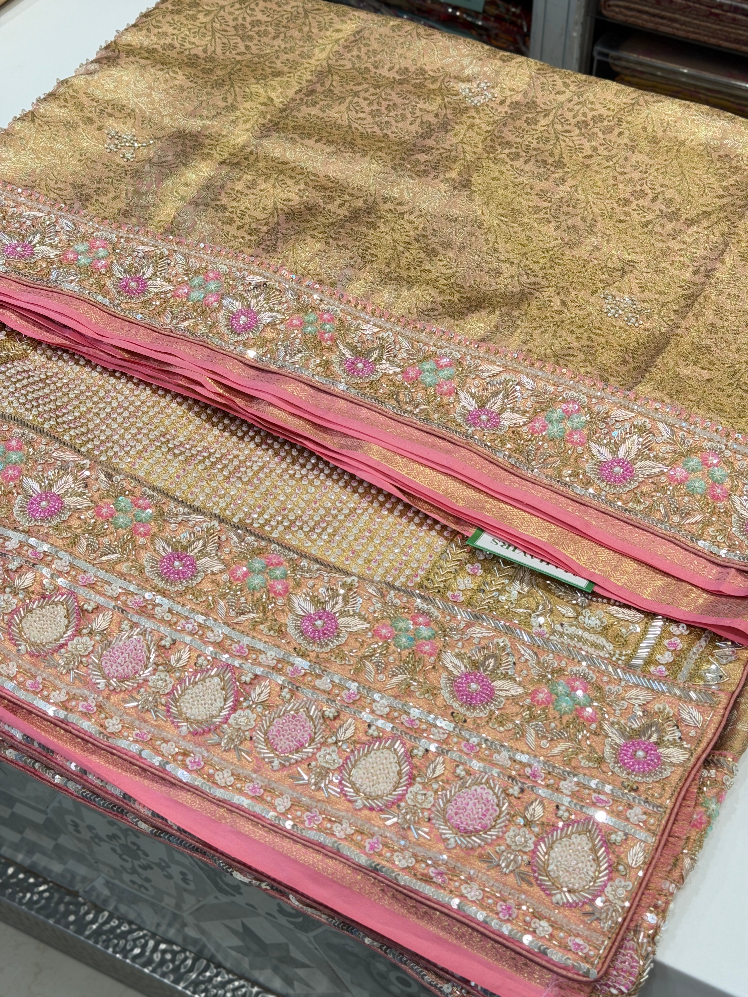 Golden Kanjivaram Moti Zardosi Hand Embroidery Saree