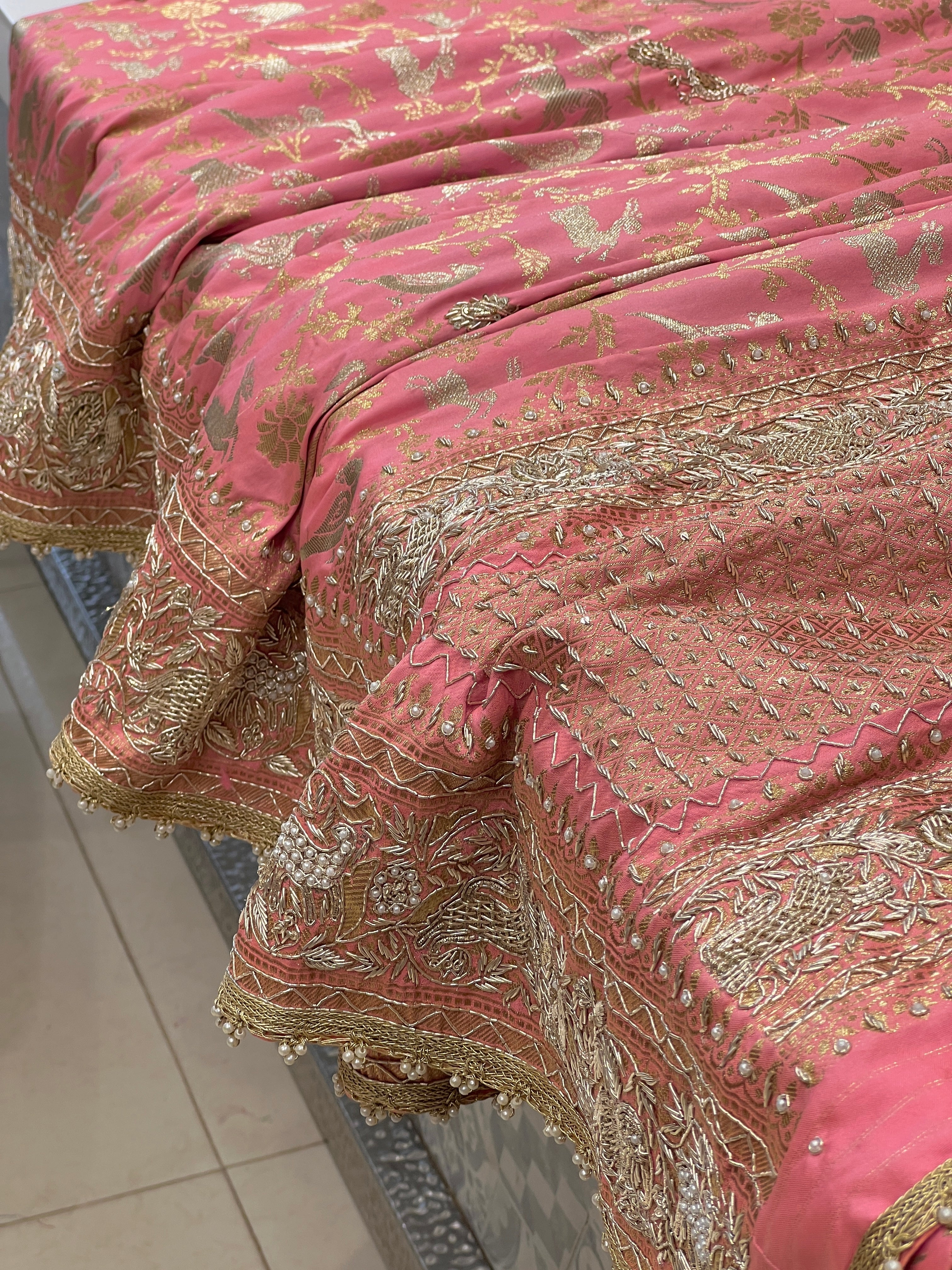 Pink Banarasi Shikara Hand Embroidery Saree