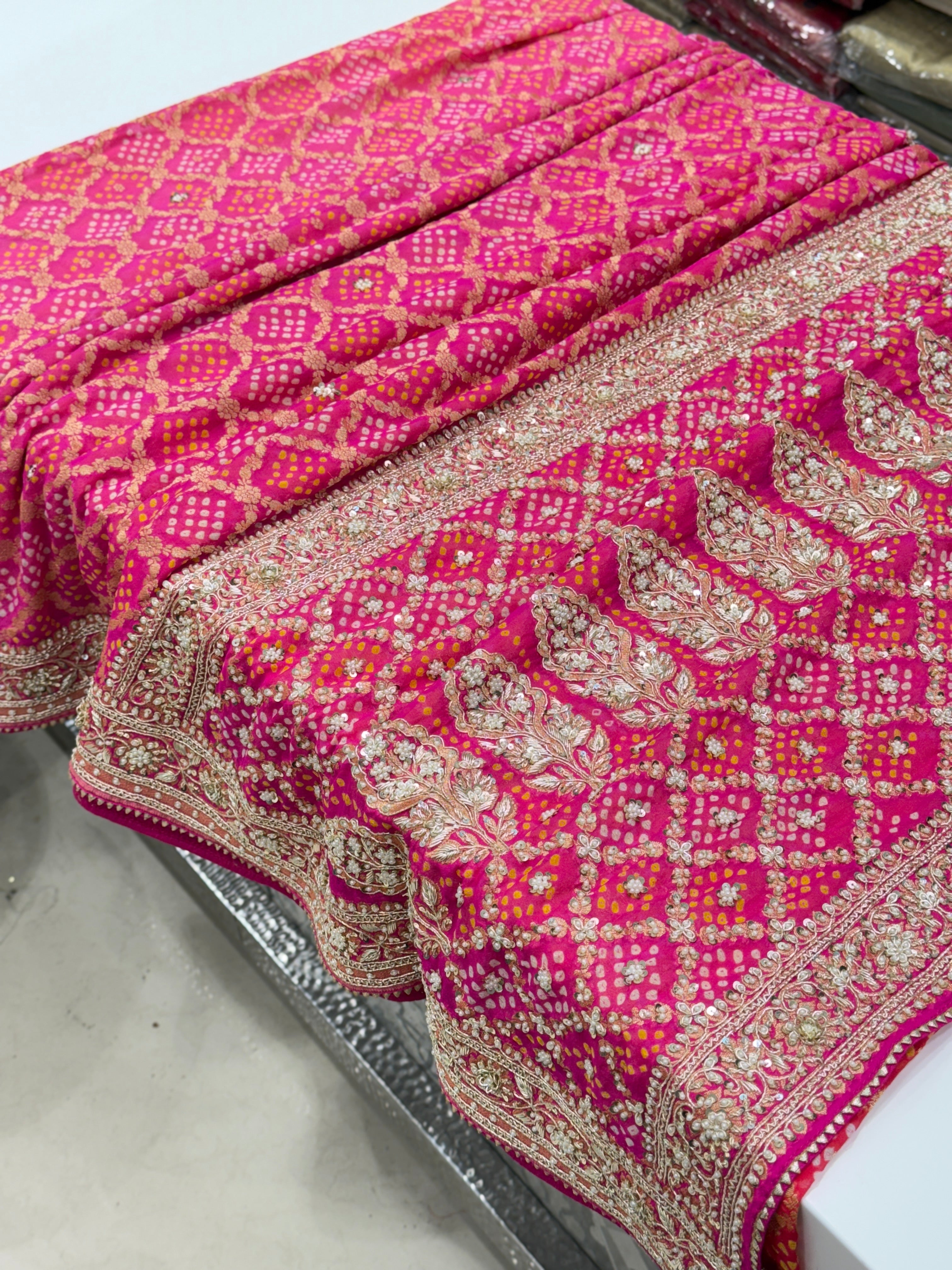 Six Colour Shaded Hand Embroidery Bandhej Saree