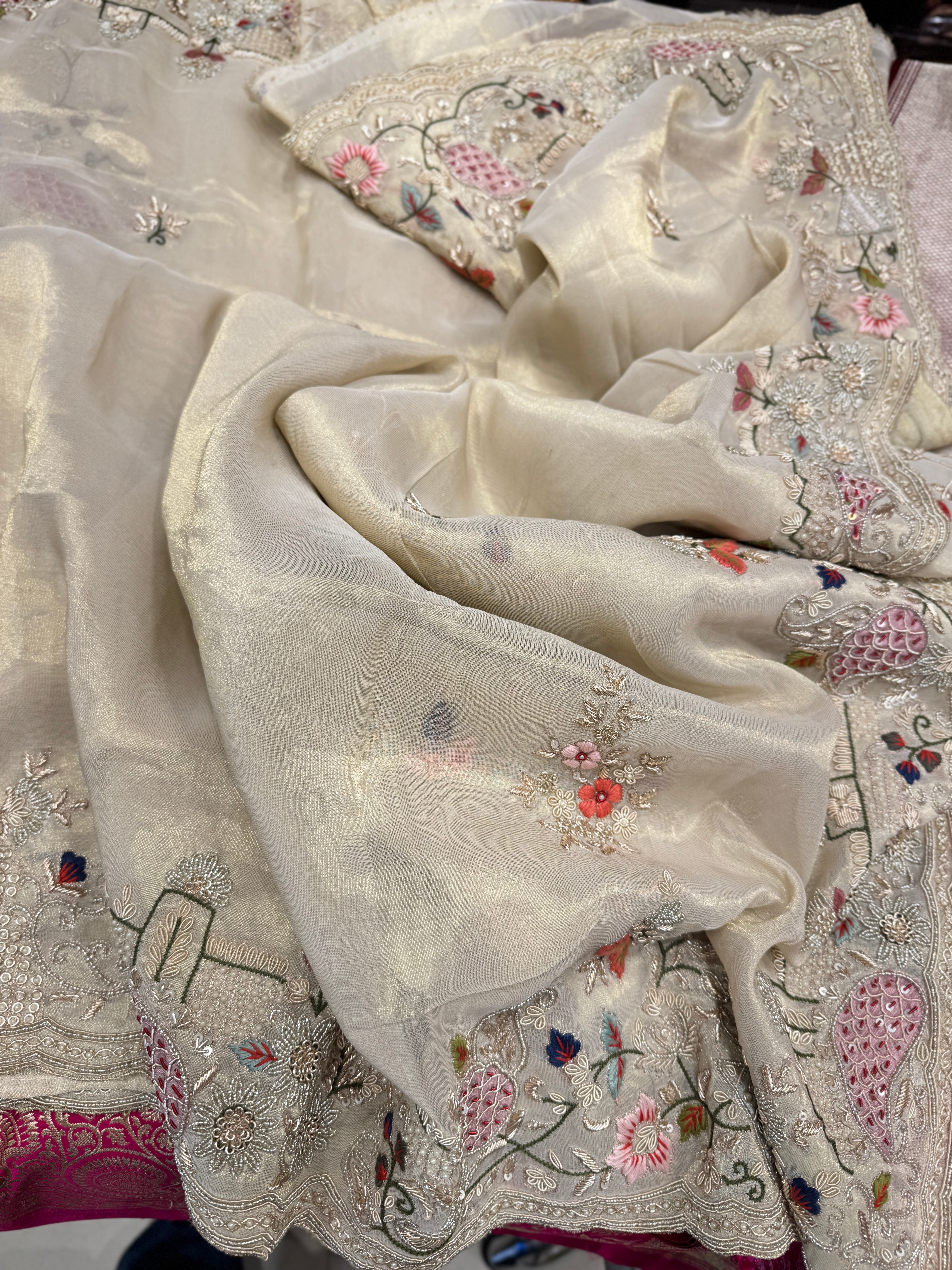 Tissue Hand Embroidery Patch Work Zardosi Saree