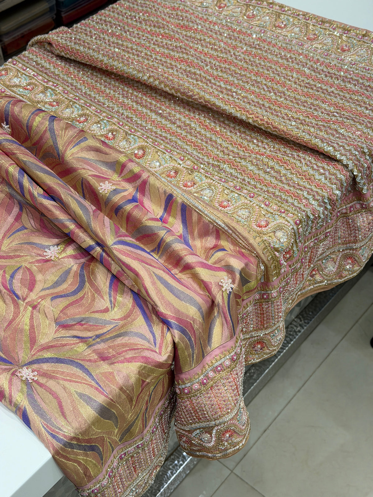 Pink Rangkat Kanjivaram Moti Zardosi Hand Embroidery Saree