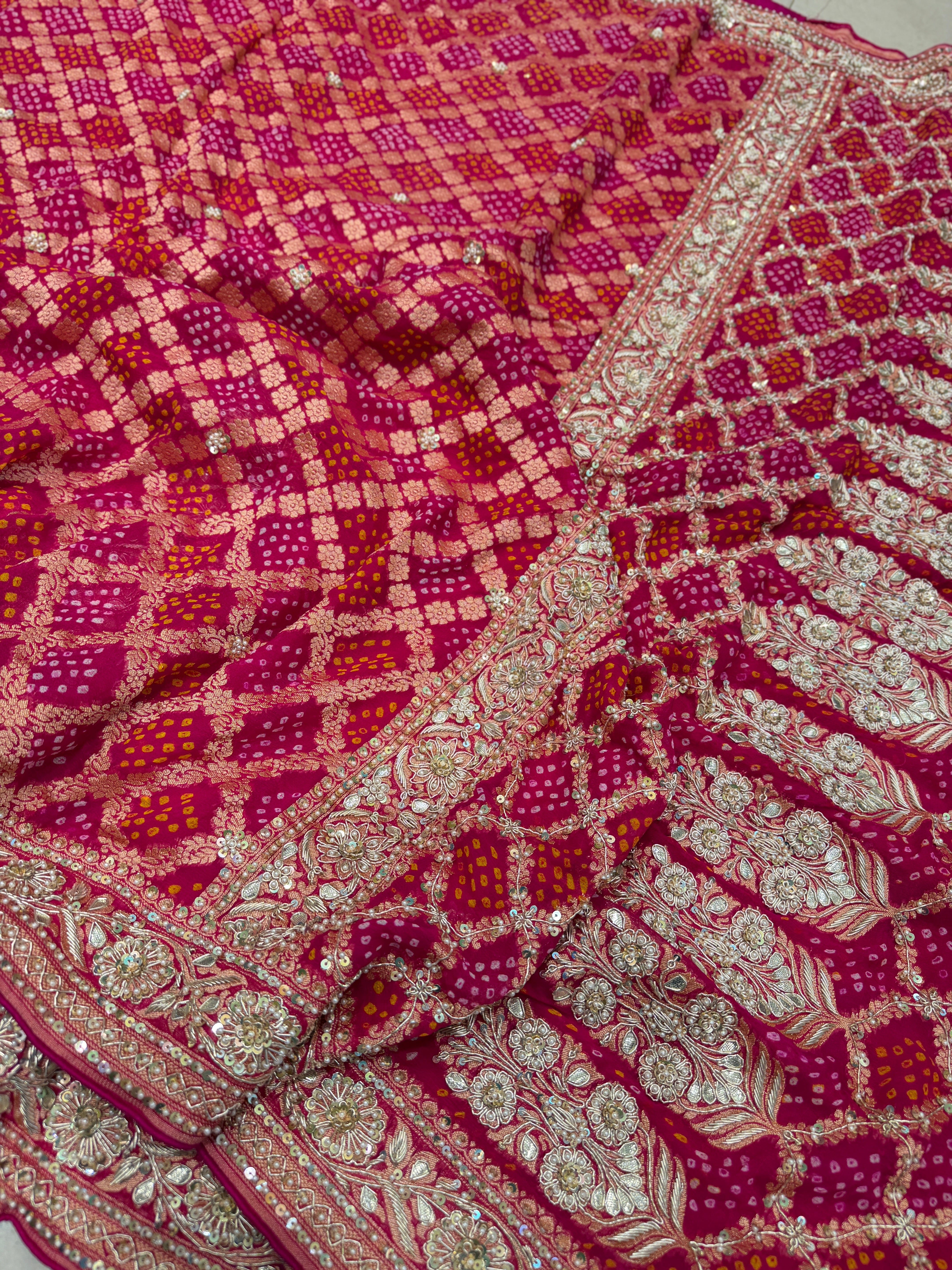 Rani Pink Rai Bandhej Zardosi Hand Embroidery Saree