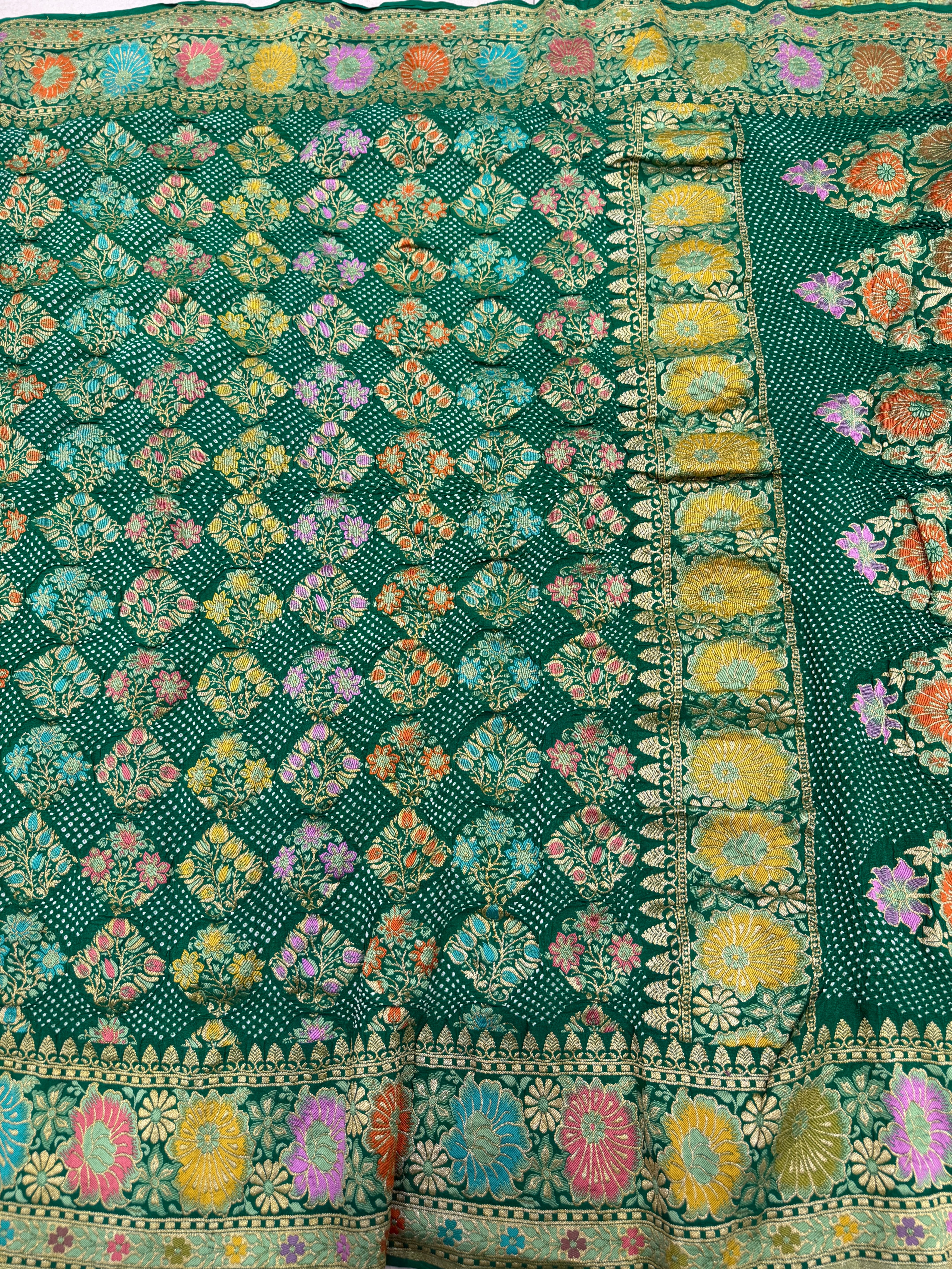 Bottle Green Meenakari Rai Bandhej Floral Butta Saree