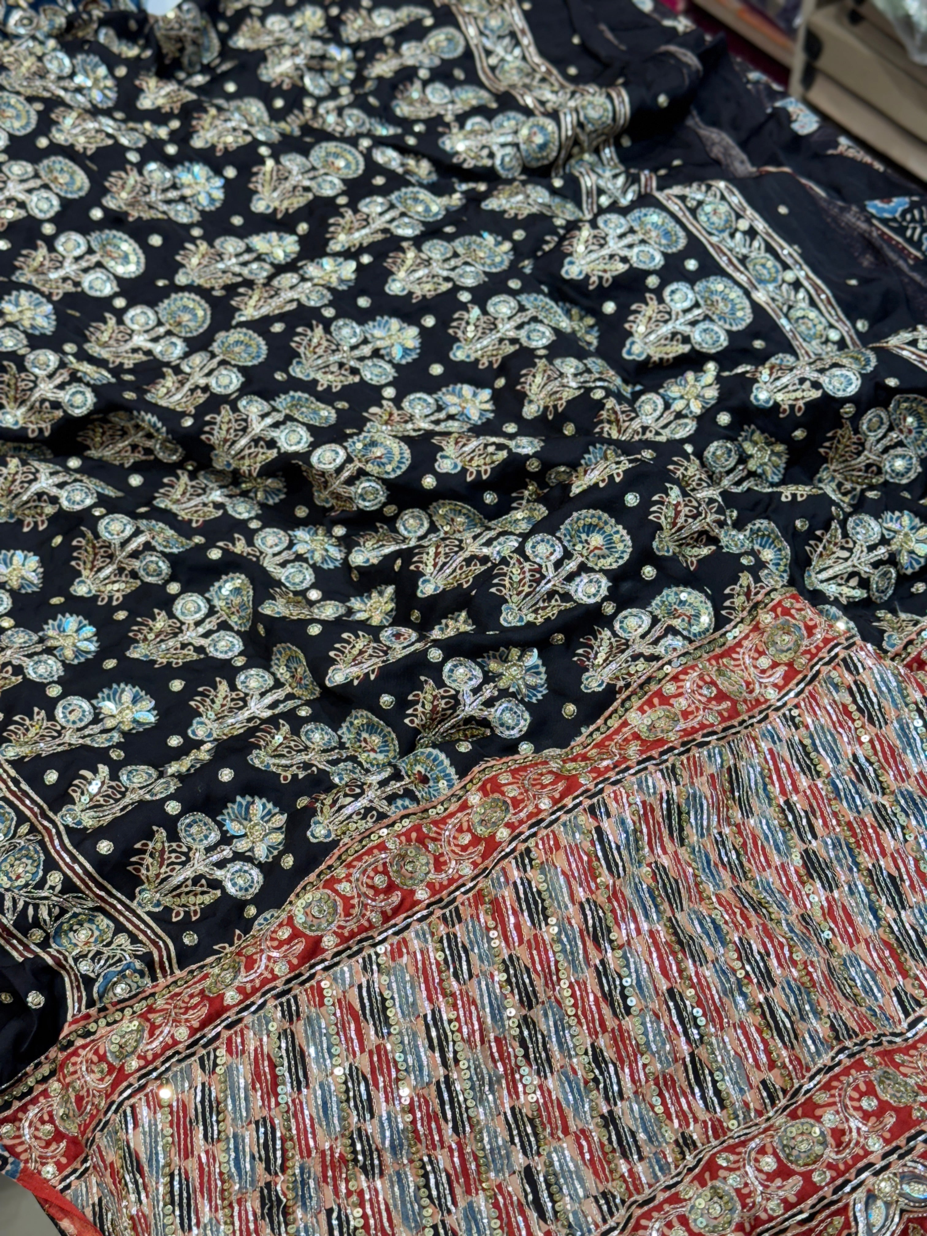 Black Red Pallu Floral Buttas Ajrakh Hand Embroidery Saree