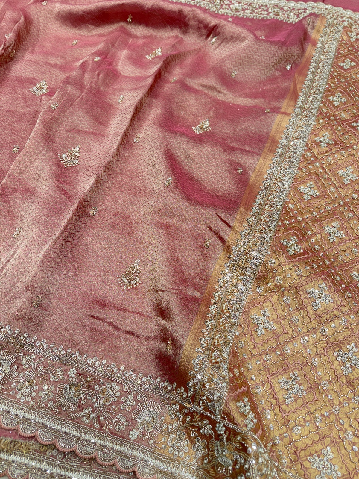 Light Pink Crepe Tissue Weaved Moti Cutana Embroidery Saree