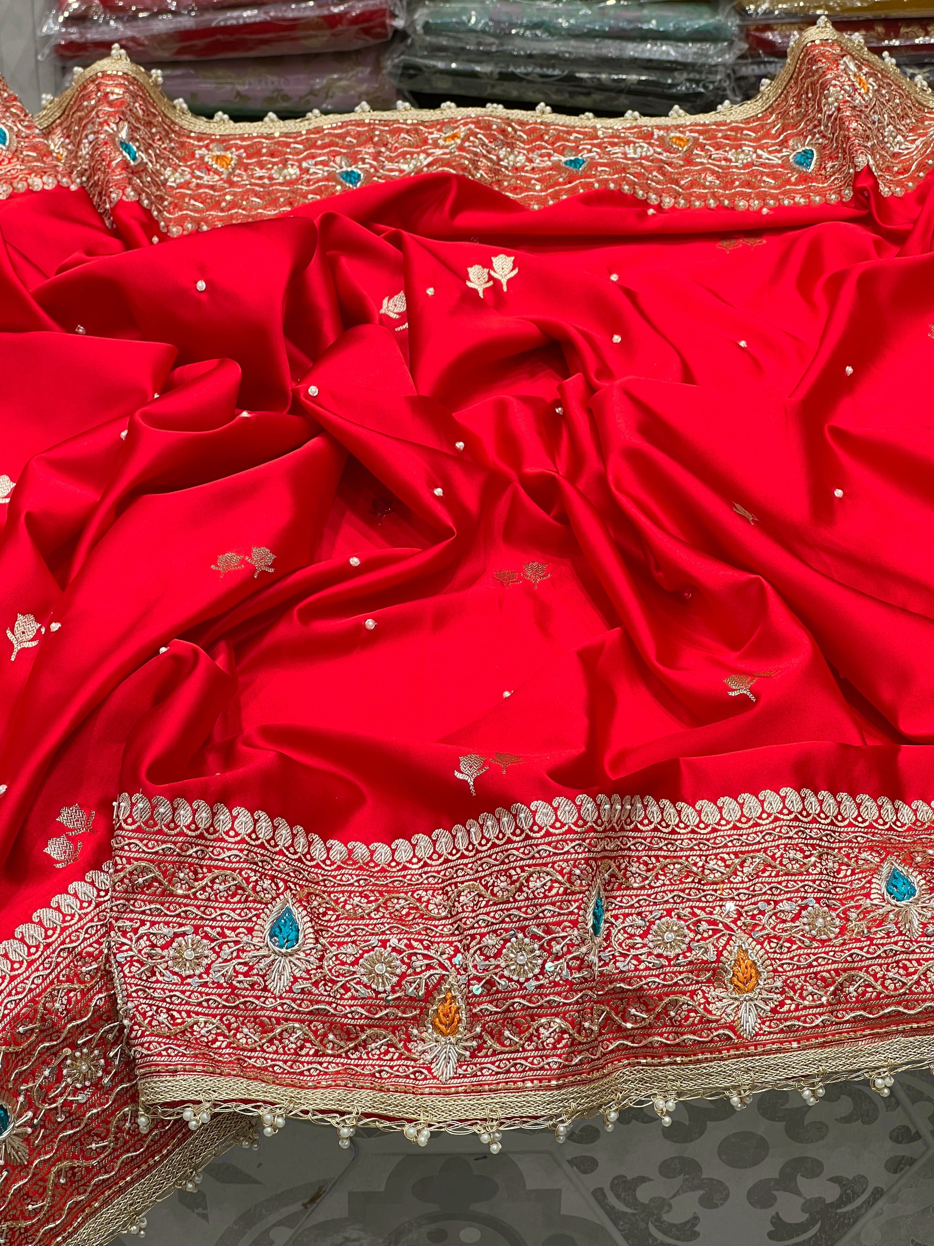 Red Banarasi Meena Resham Hand Embroidery Saree