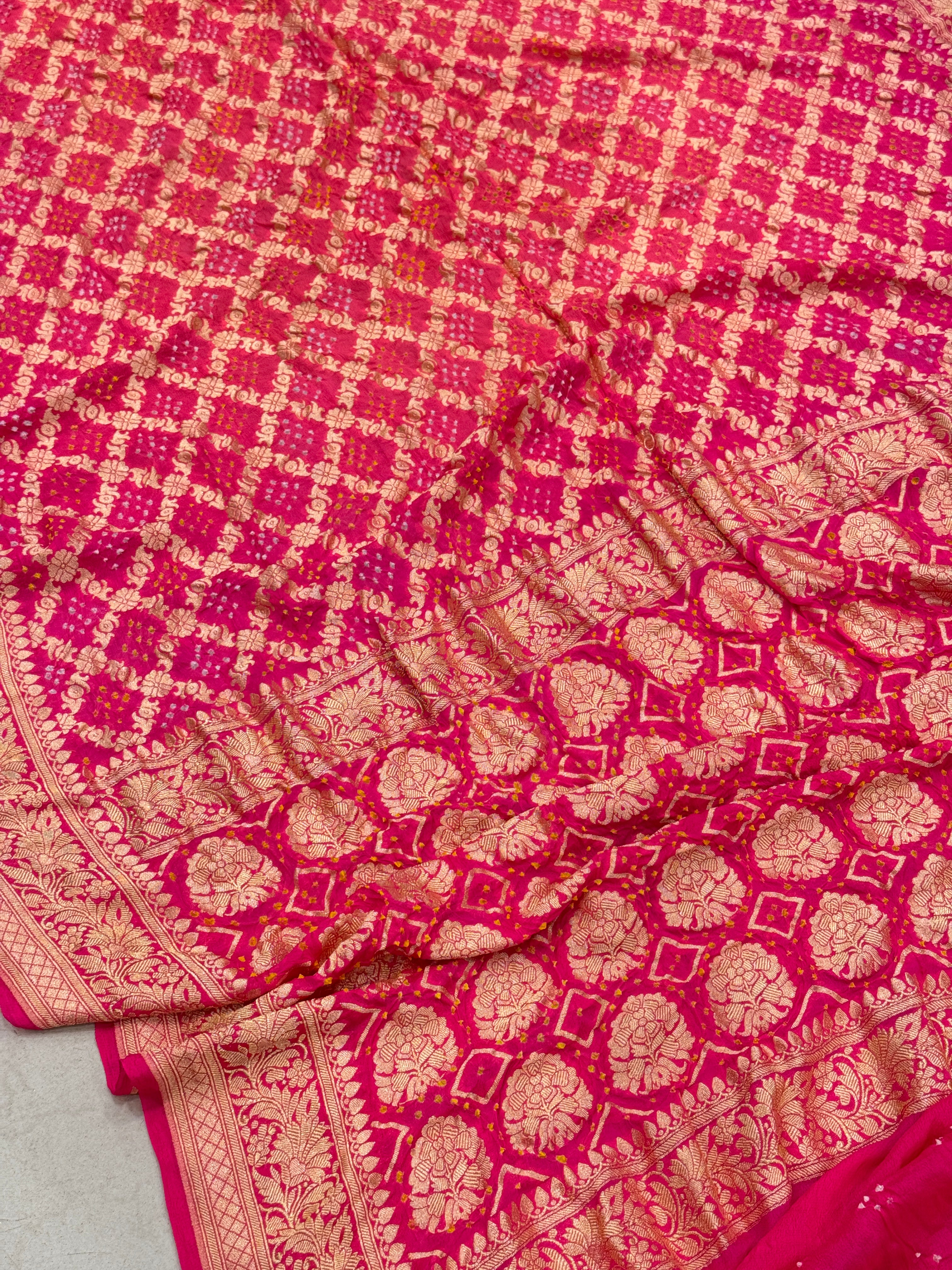 Strawberry Peach Shaded Bandhej Bandhini Saree