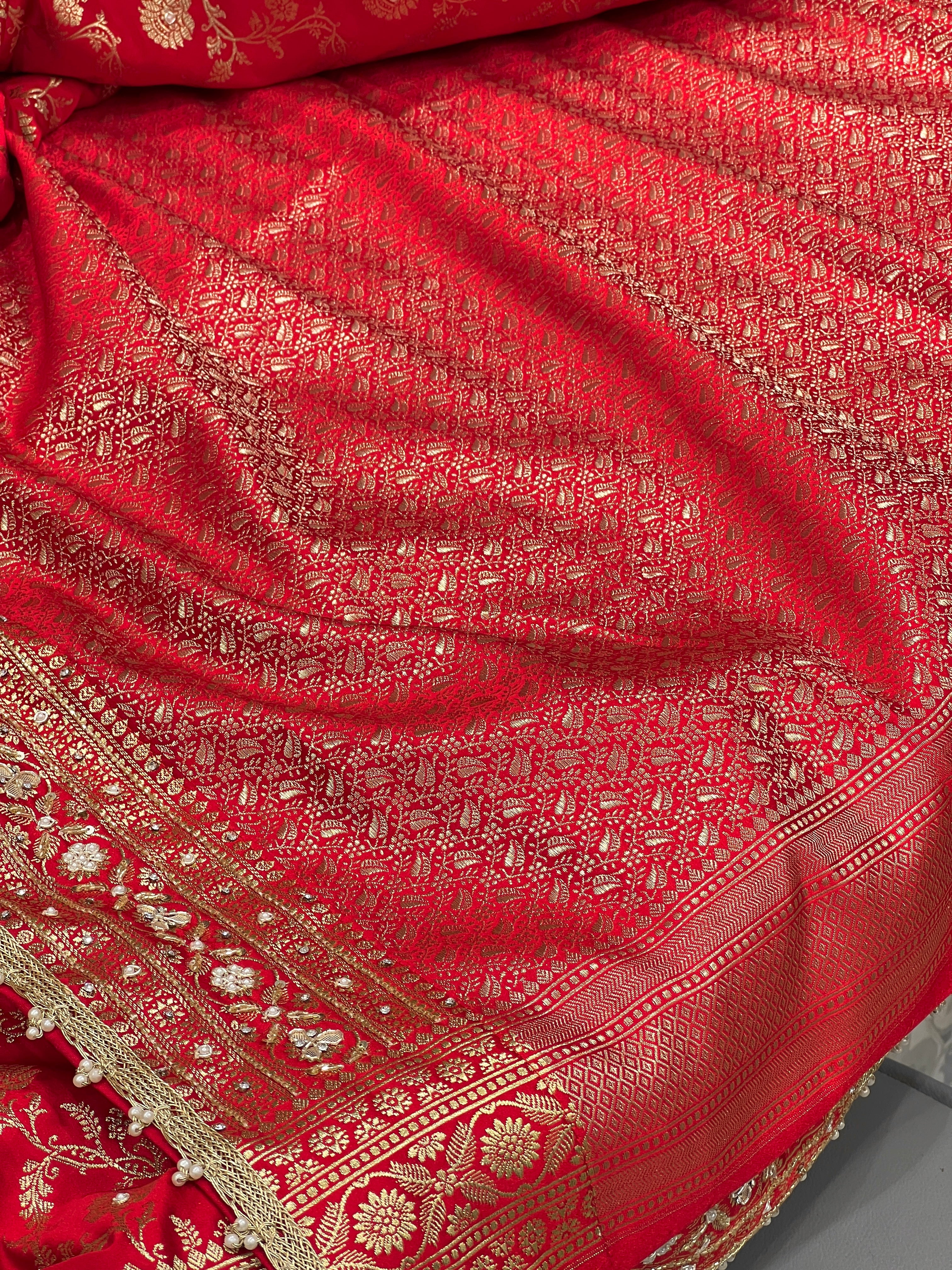 Red Banarasi Silk Leaf Pallu Hand Embroidery Saree