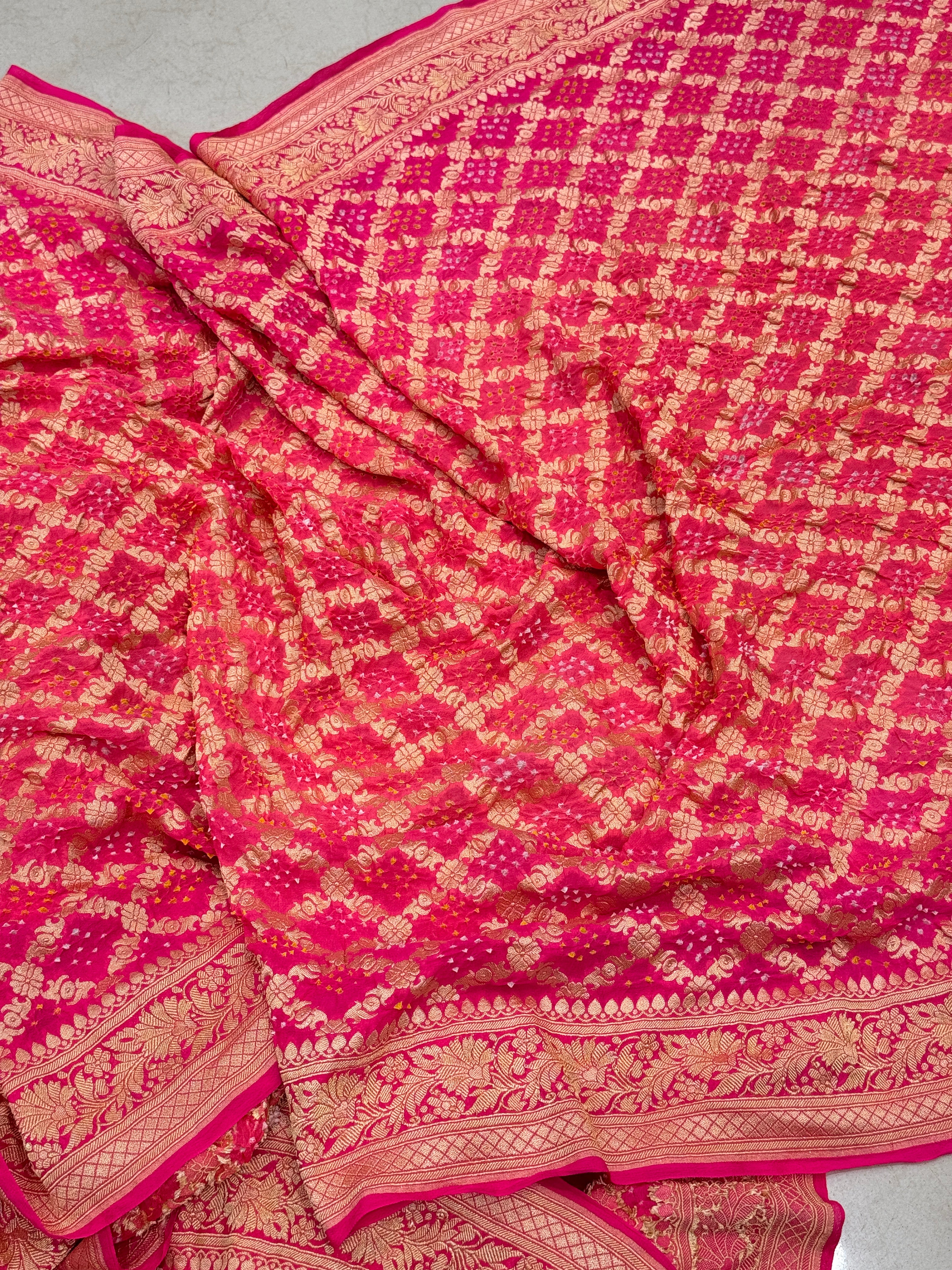 Strawberry Peach Shaded Bandhej Bandhini Saree