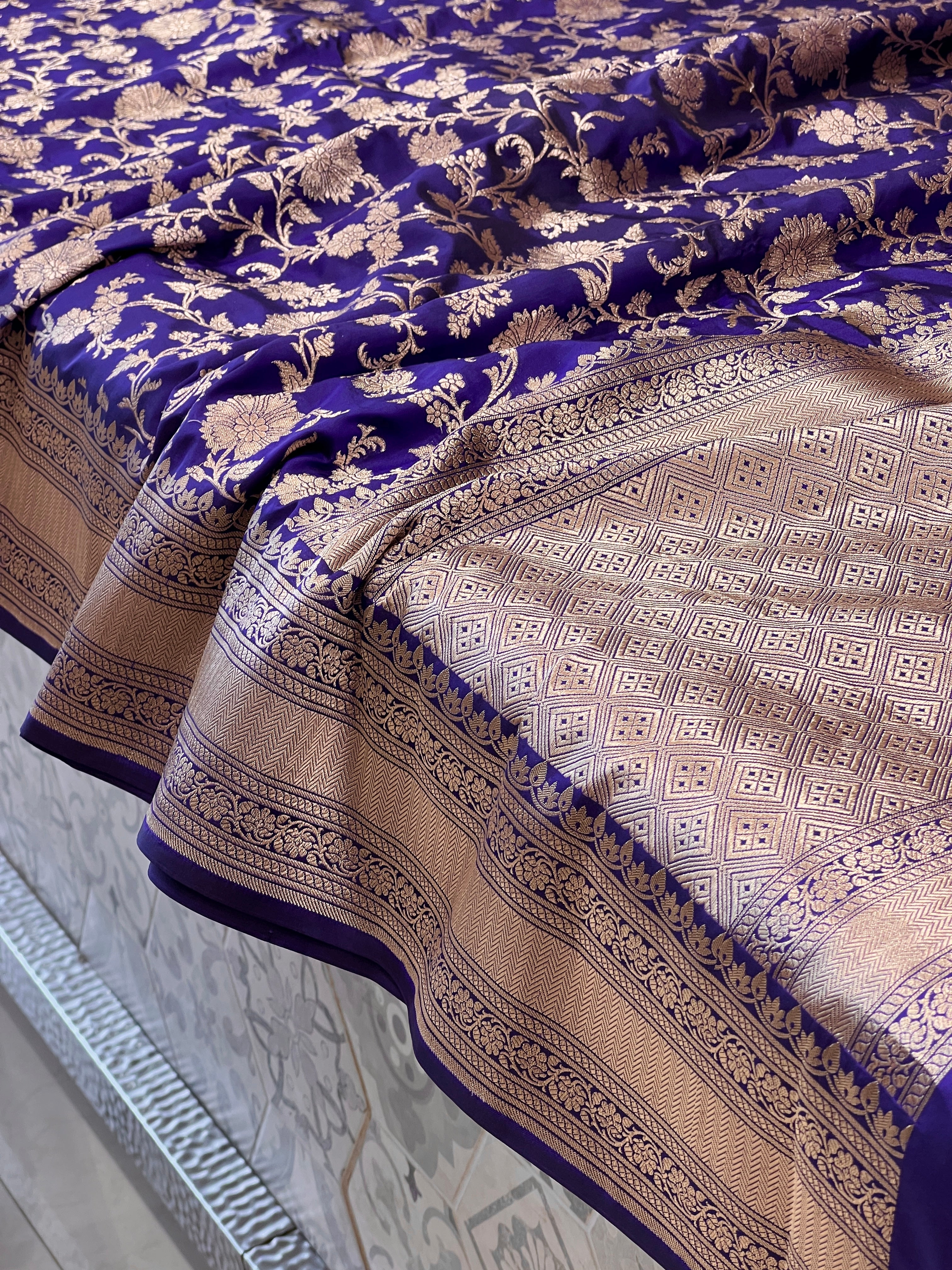 Ink Blue Katan Silk Floral Jaal Saree