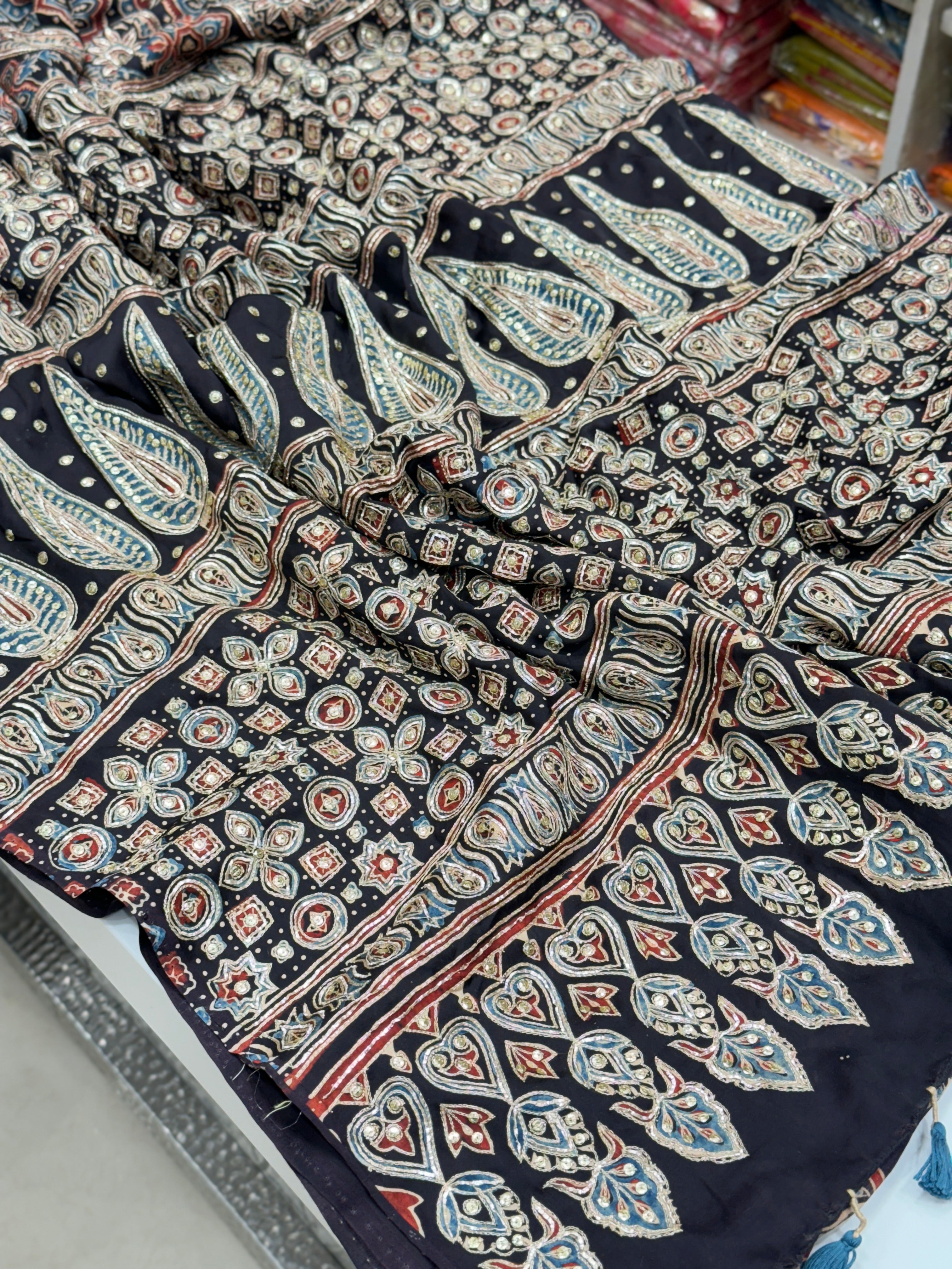 Ajrakh Hand Embroidery Saree