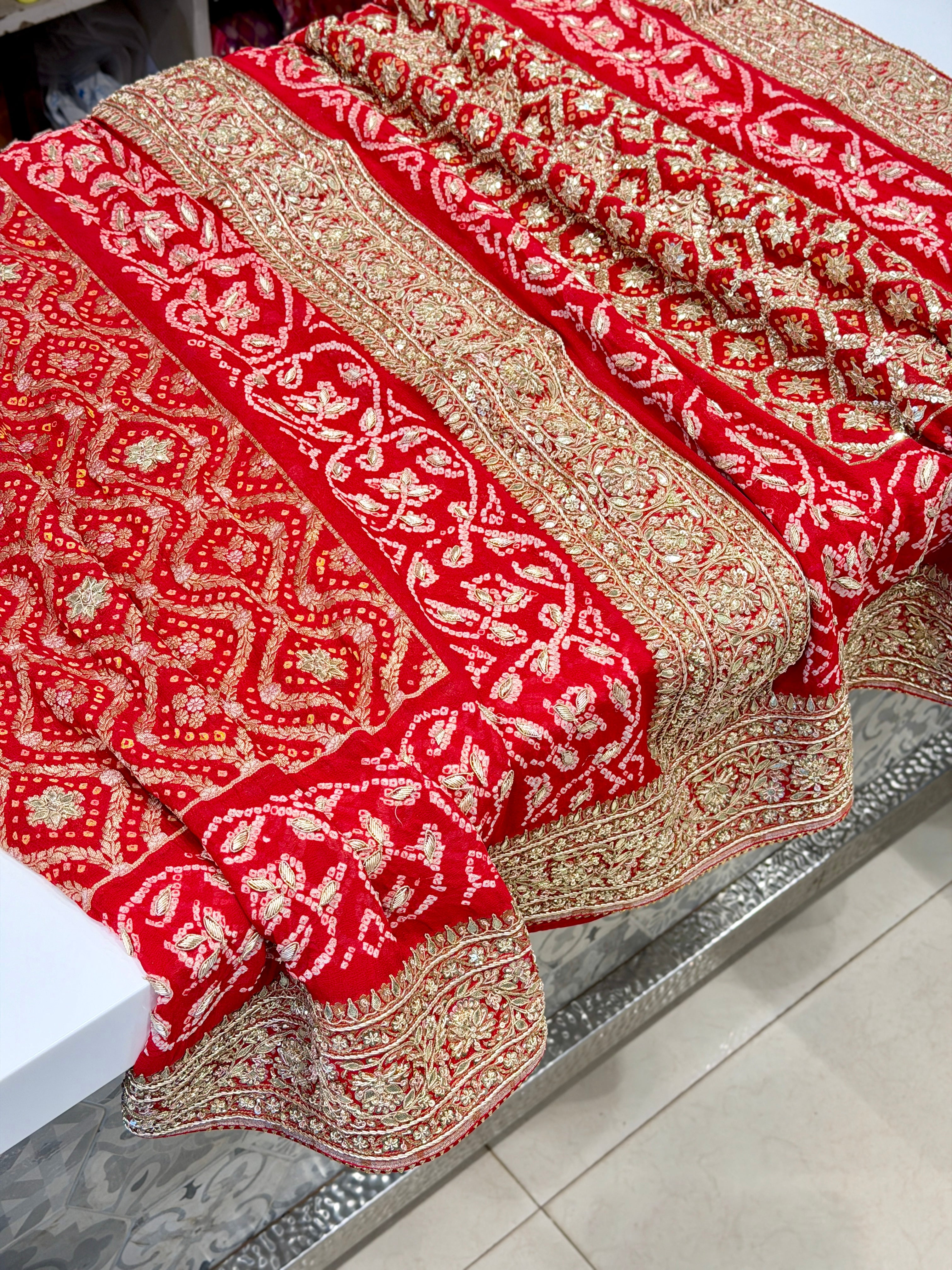 Red Bandhej Georgette Marodi Zardosi Gota Hand Embroidery Saree