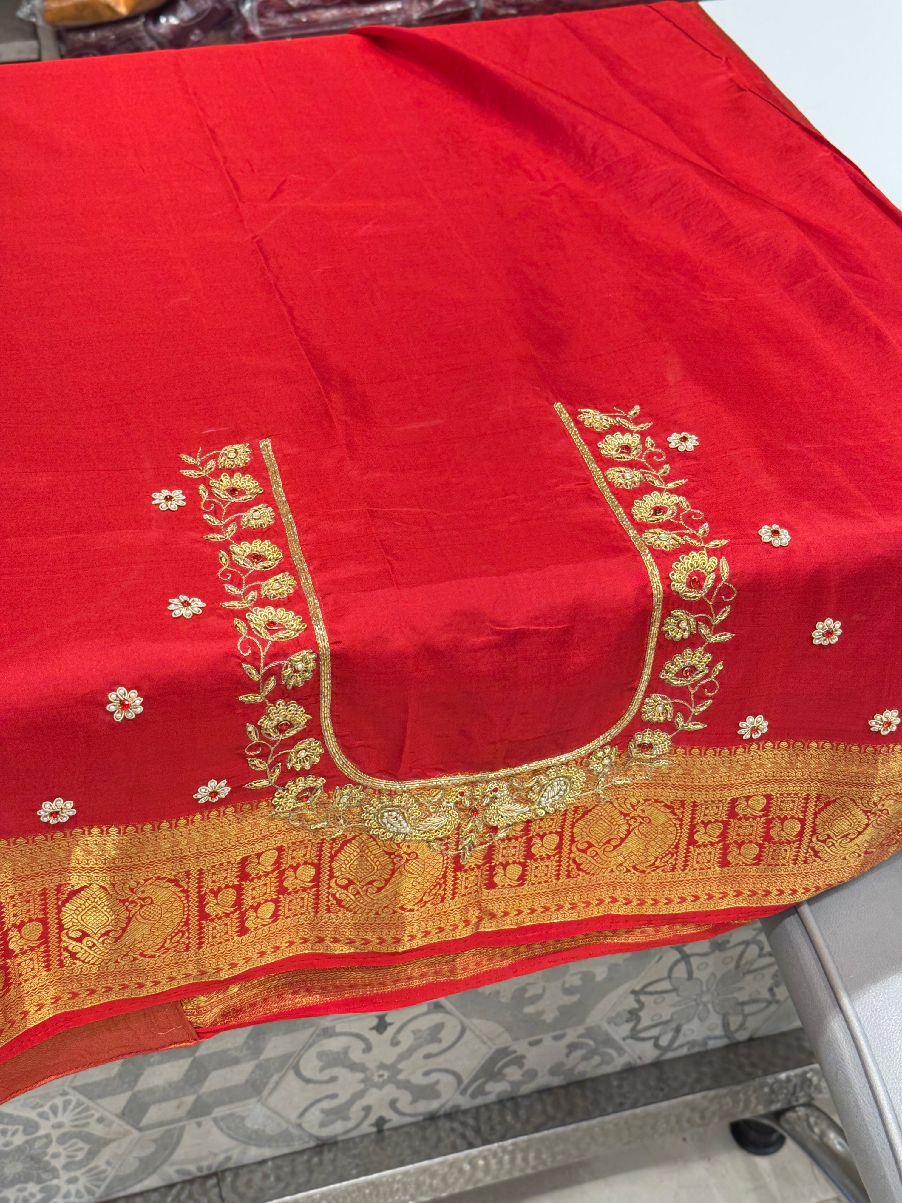 Red Kanjivaram Peacock Motif Zardozi Hand Embroidery Saree