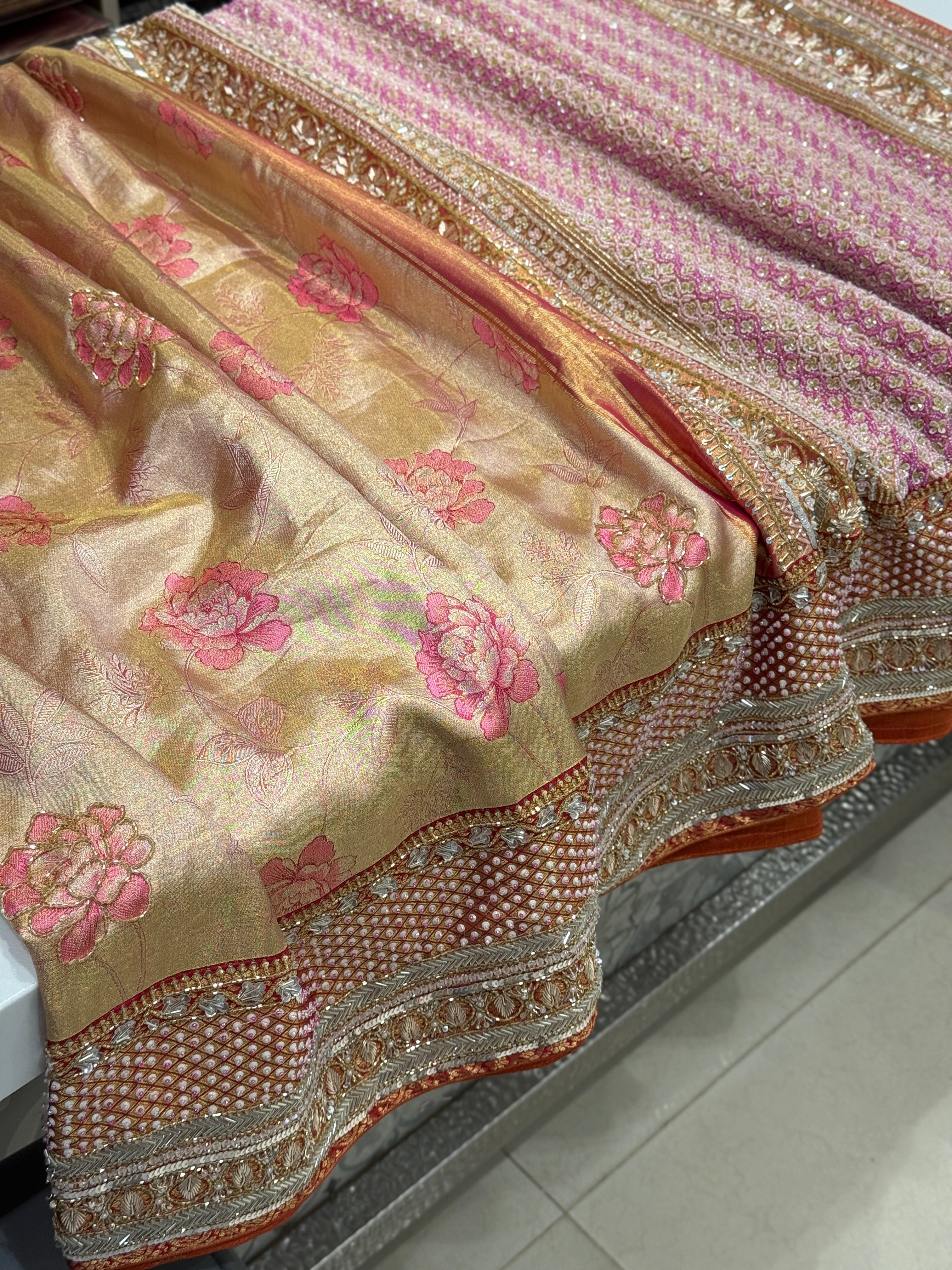 Rani Pink Rose Edit Tissue Kanjivaram Hand Embroidery Saree