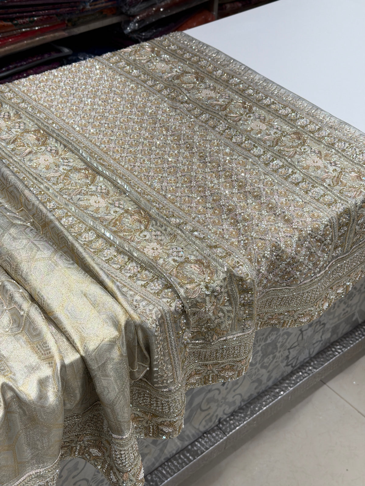 Silver Kanjivaram Three Zari Hand Embroidery Zardosi Moti Sequin Saree