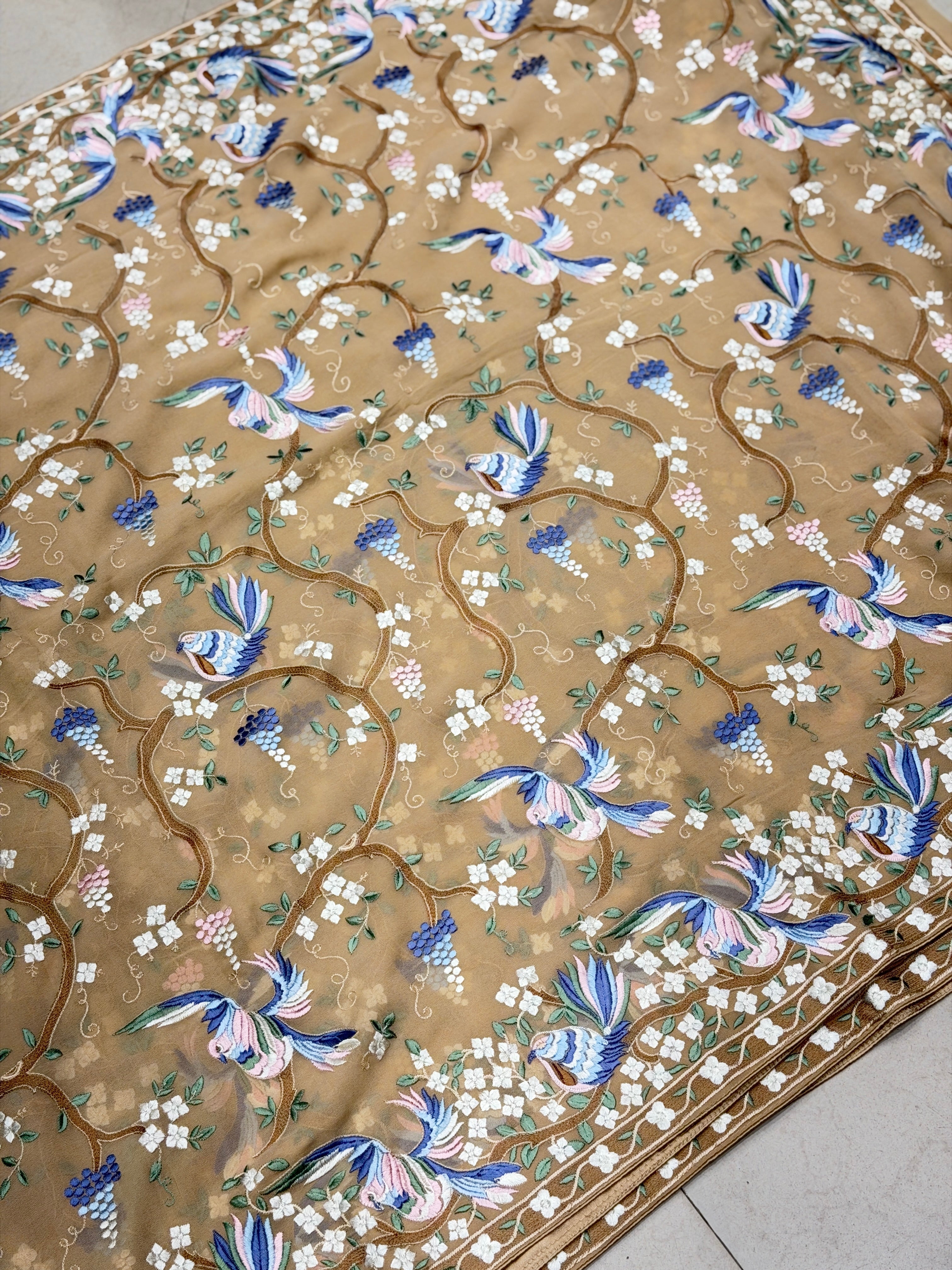 Beige Georgette Chakla Chakli Embroidery Parsi Gara Saree