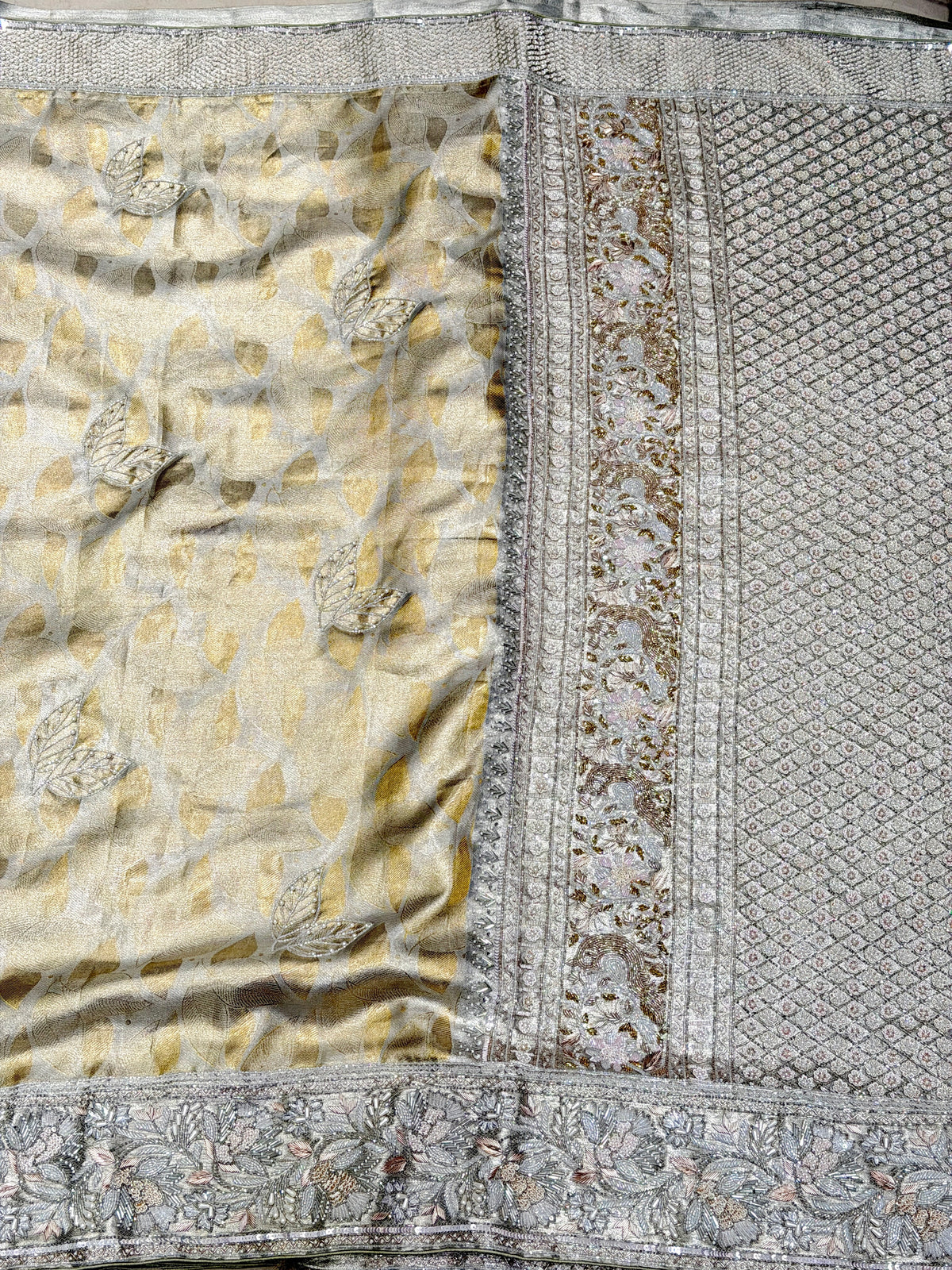 Golden Silver Leaf Jaal Kanjivaram Moti Zardosi Hand Embroidery Saree