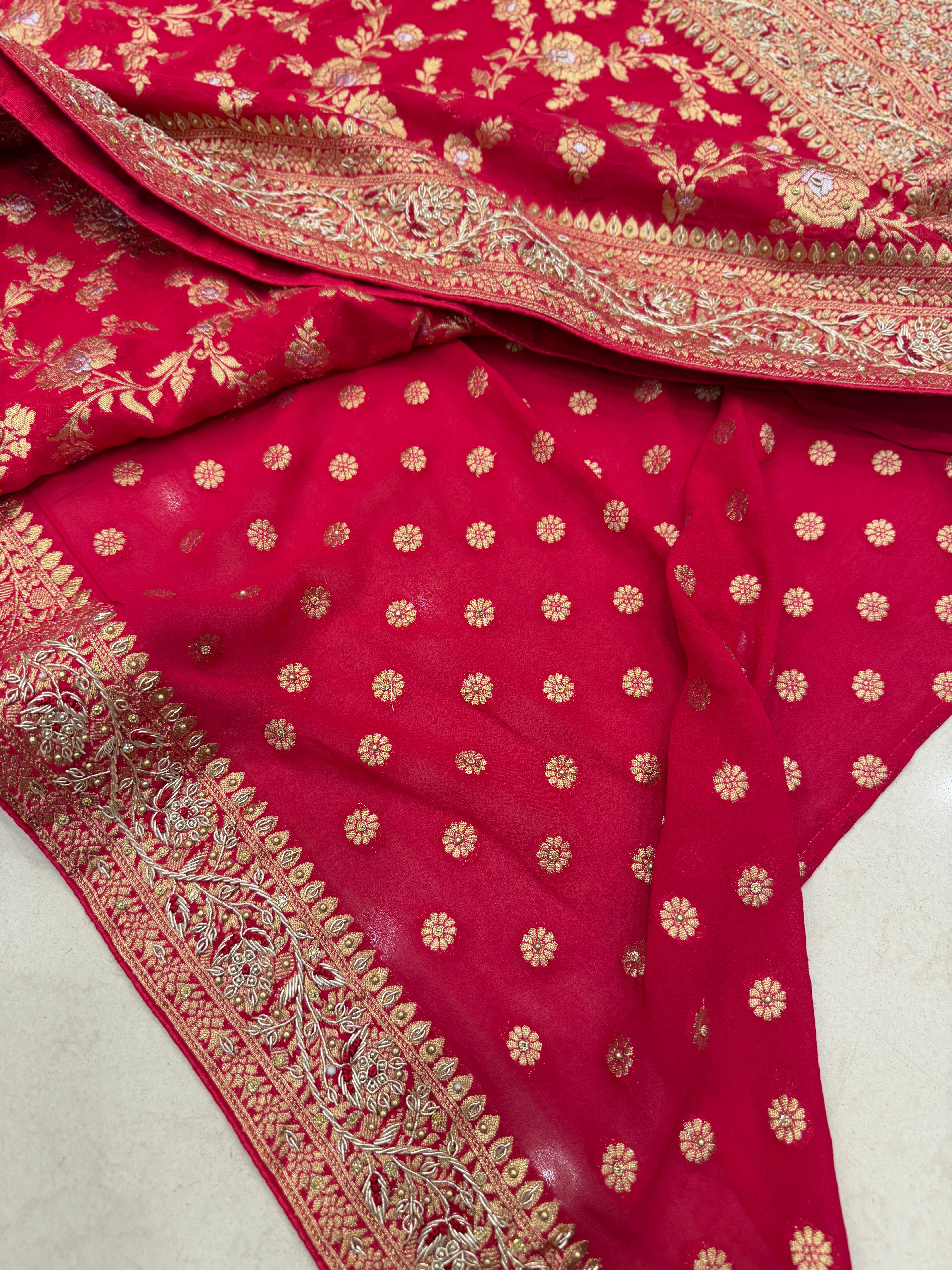 Rani Pink Banarasi Khaddi Georgette Zardosi Hand Embroidery Saree
