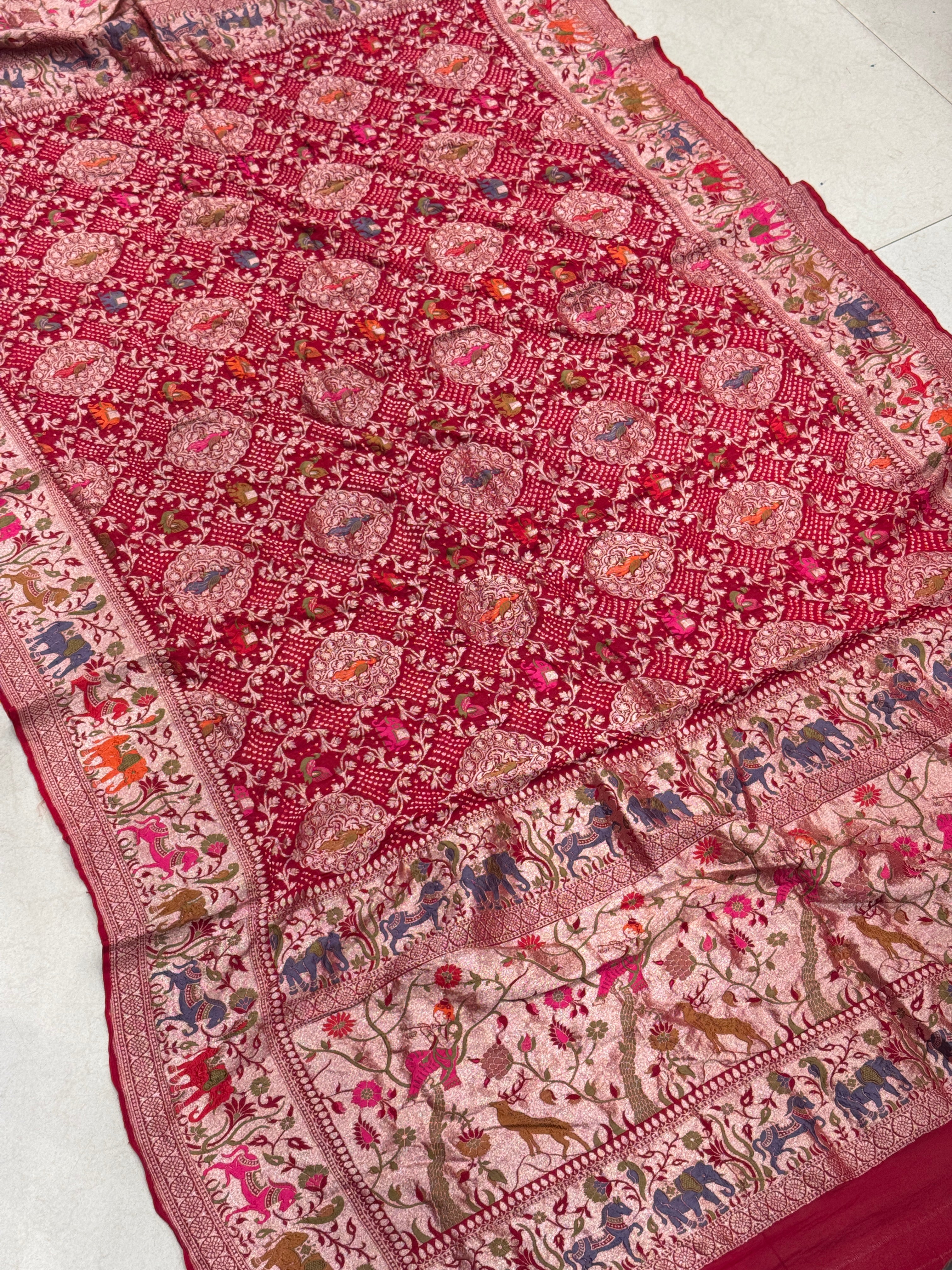 Red Shikargah Meenakari Rai Bandhej Georgette Dupatta