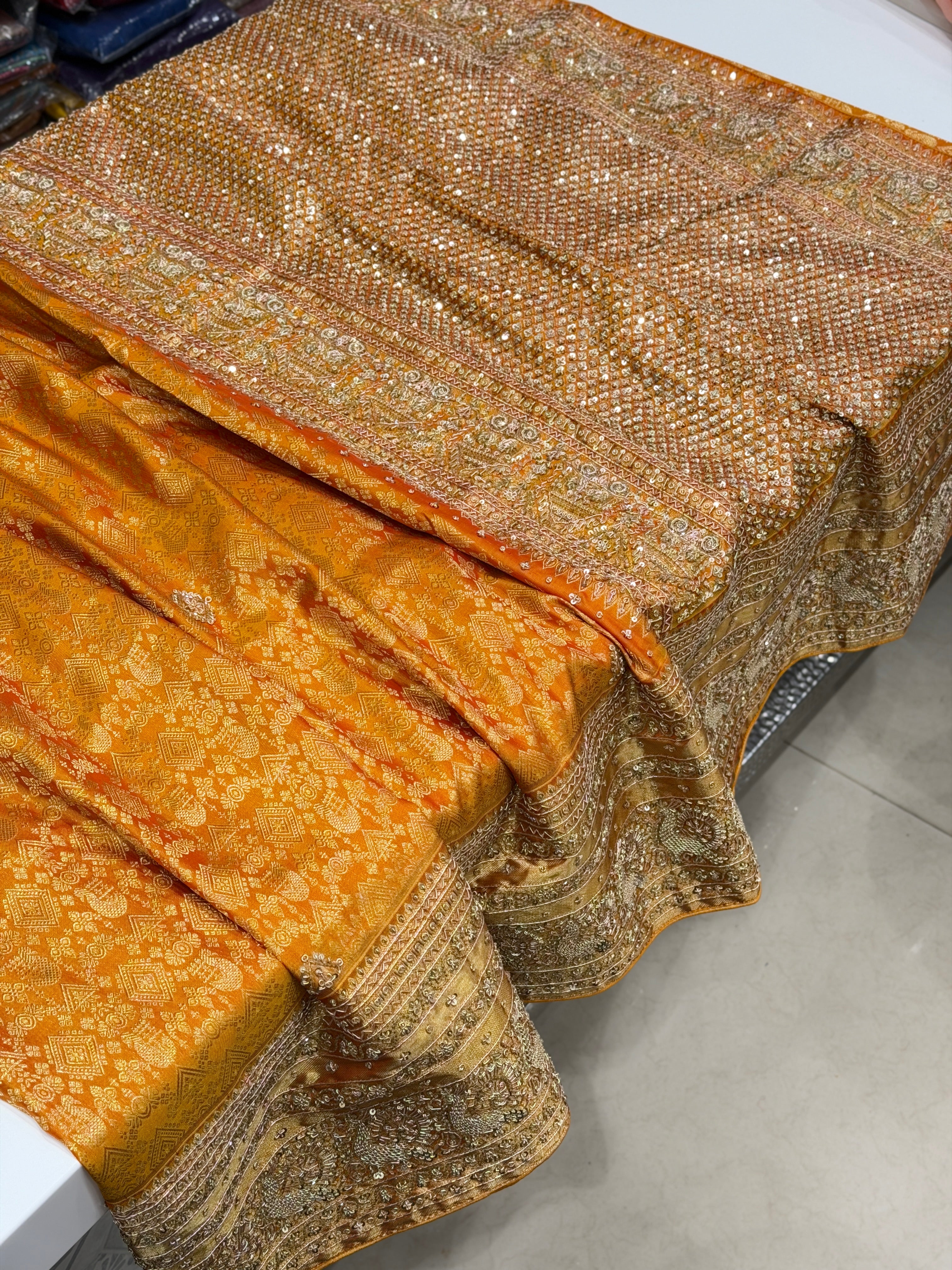 Mustard Yellow Kanjivaram Peacock Motif Hand Embroidery Zardosi Saree