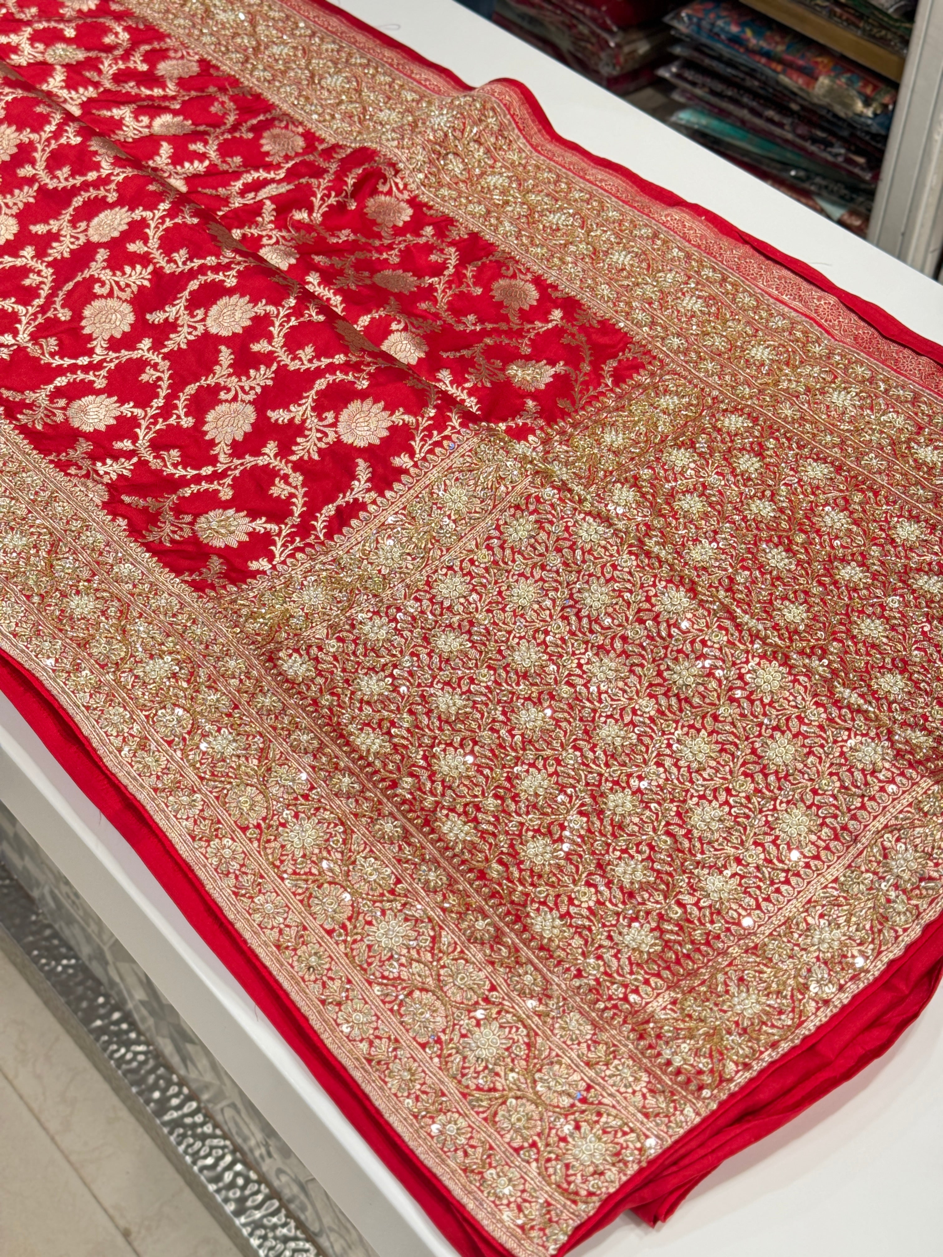 Red Banarasi Handloom Katan Embroidery Saree