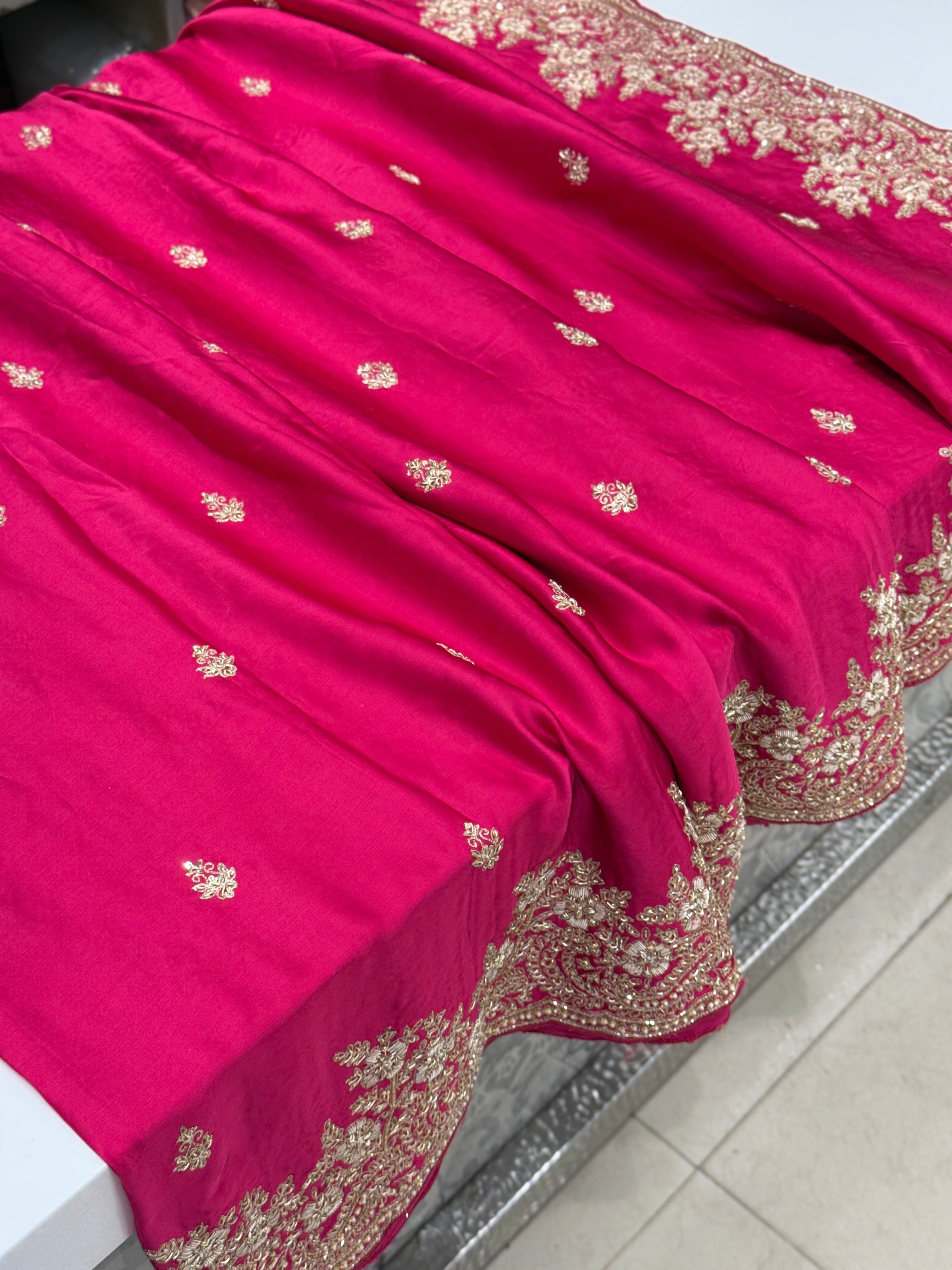 Rani Pink Buttis Satin Hand Embroidery Zardosi Saree