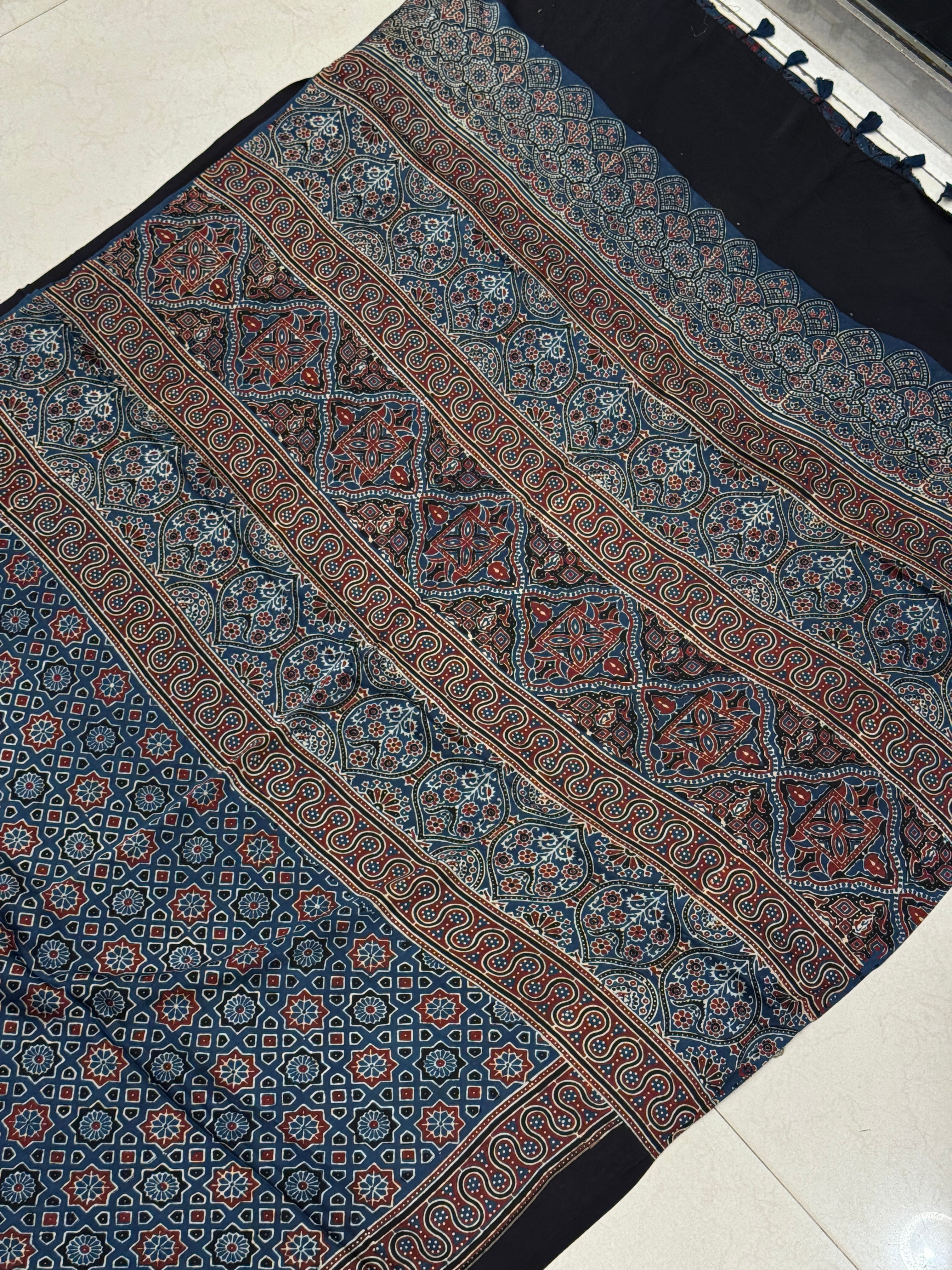 Blue Star Hand Block Print Ajrkah Pure Gajji Silk Saree