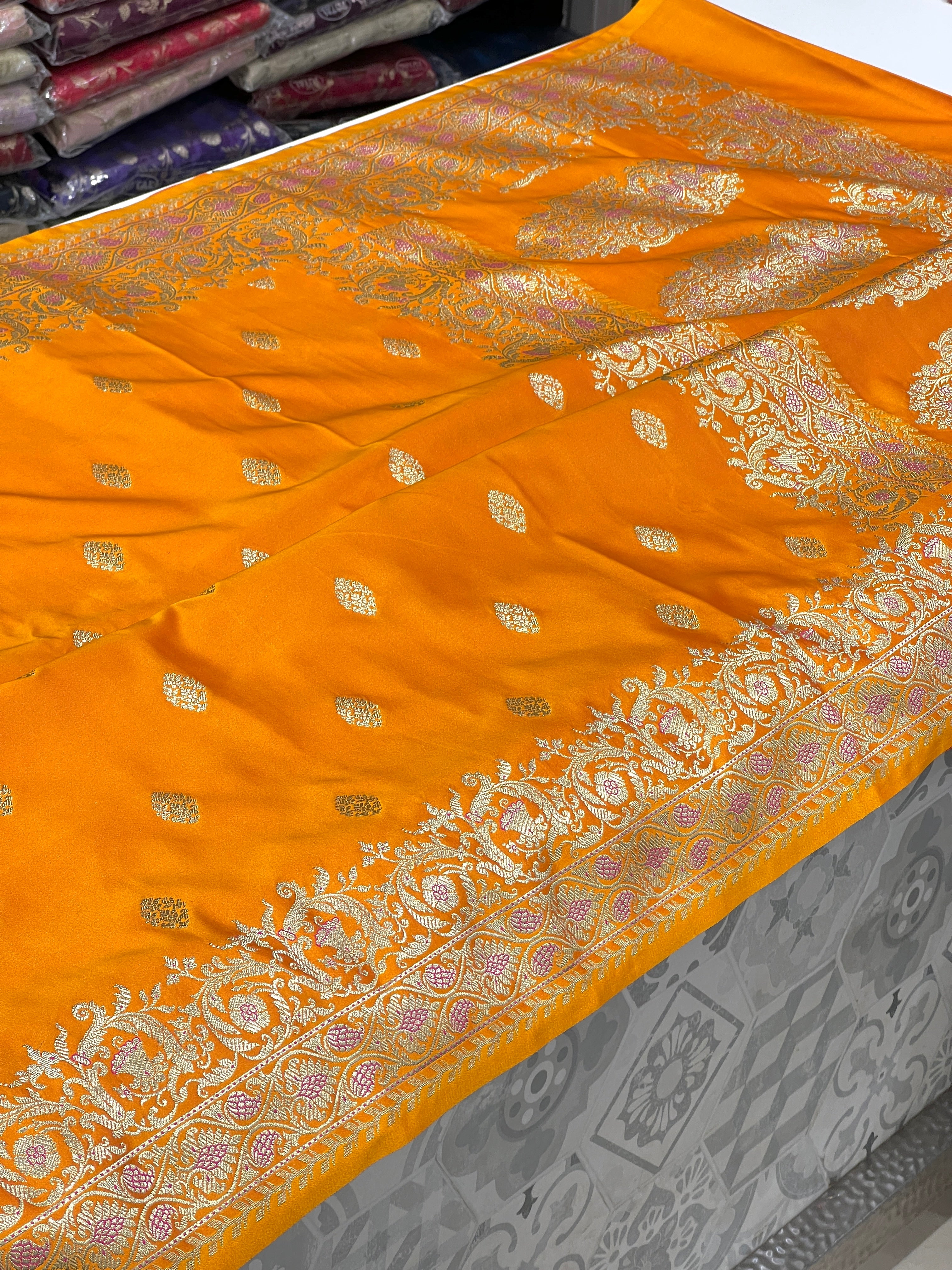 Yellowish Orange Banarasi Butti Saree