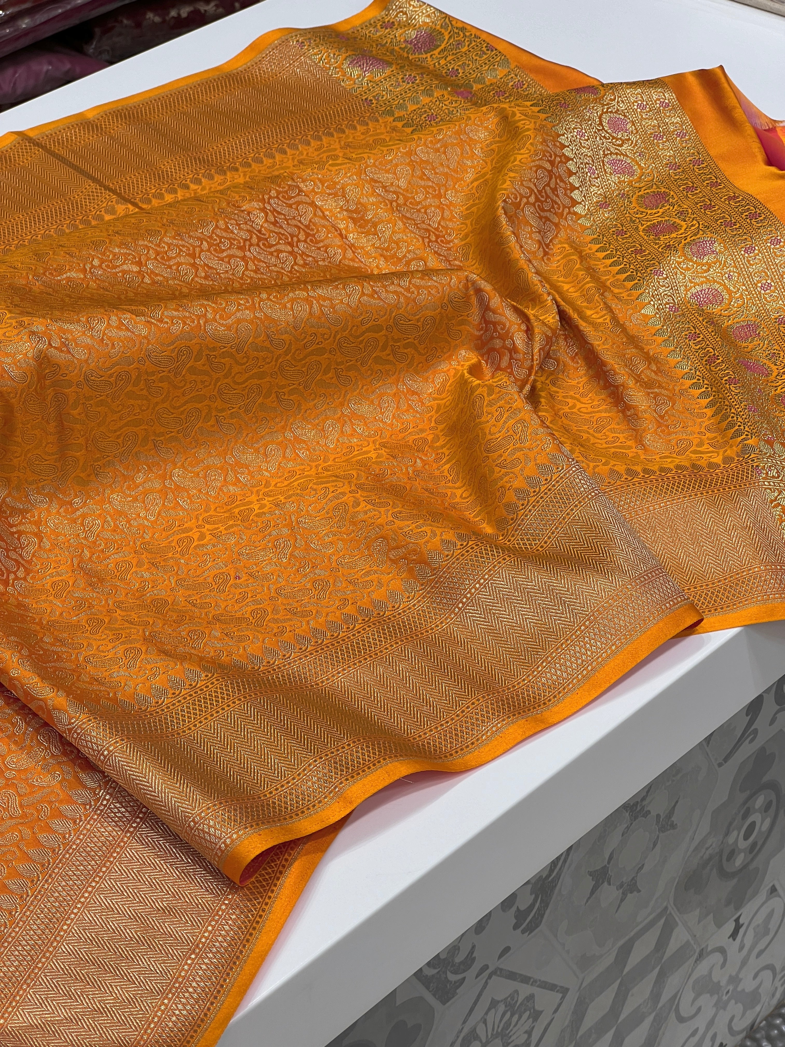 Orange Yellow Banarasi Silk Saree