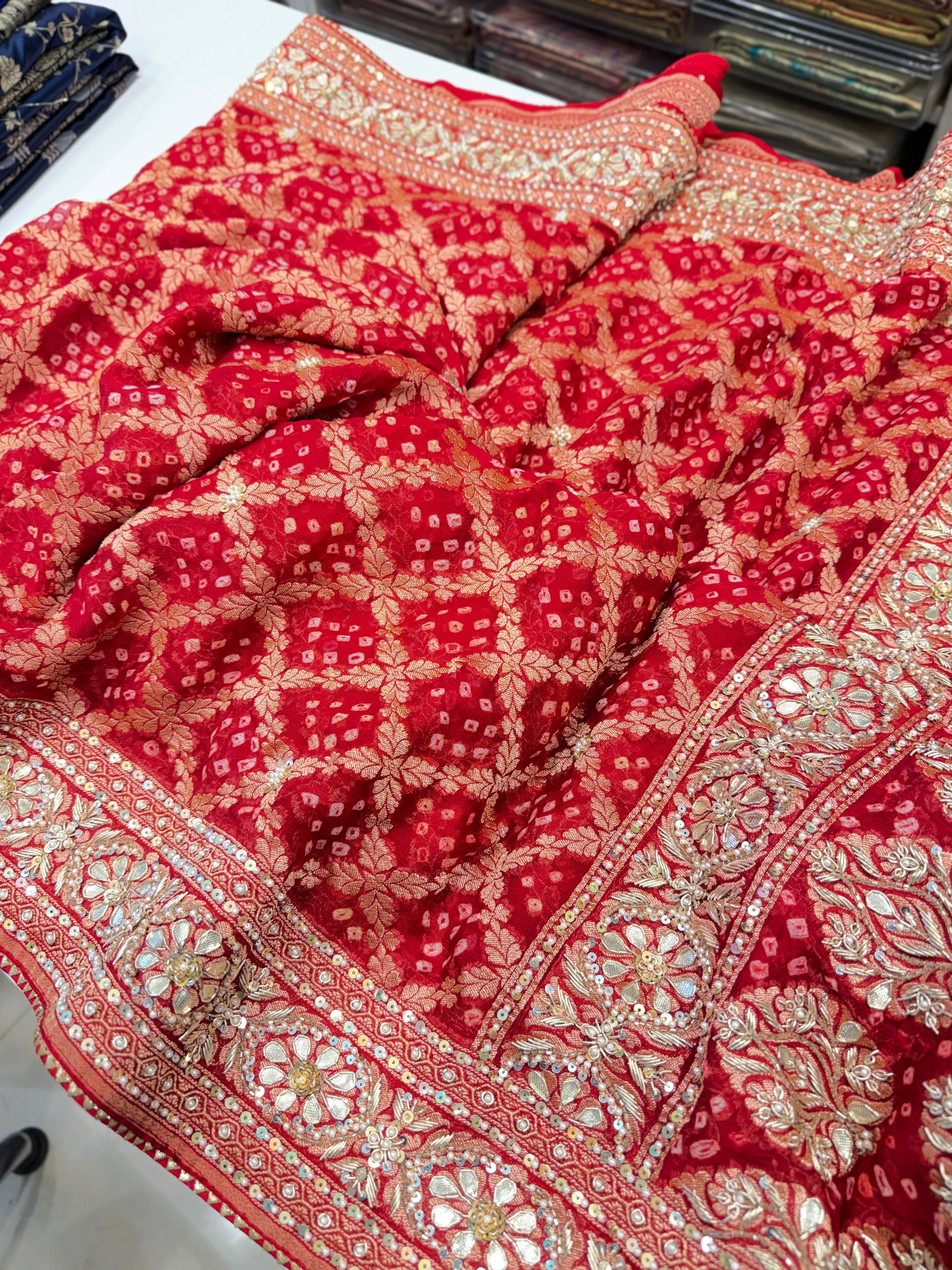 Red Bandhej Zardosi Pita Hand Embroidery Saree