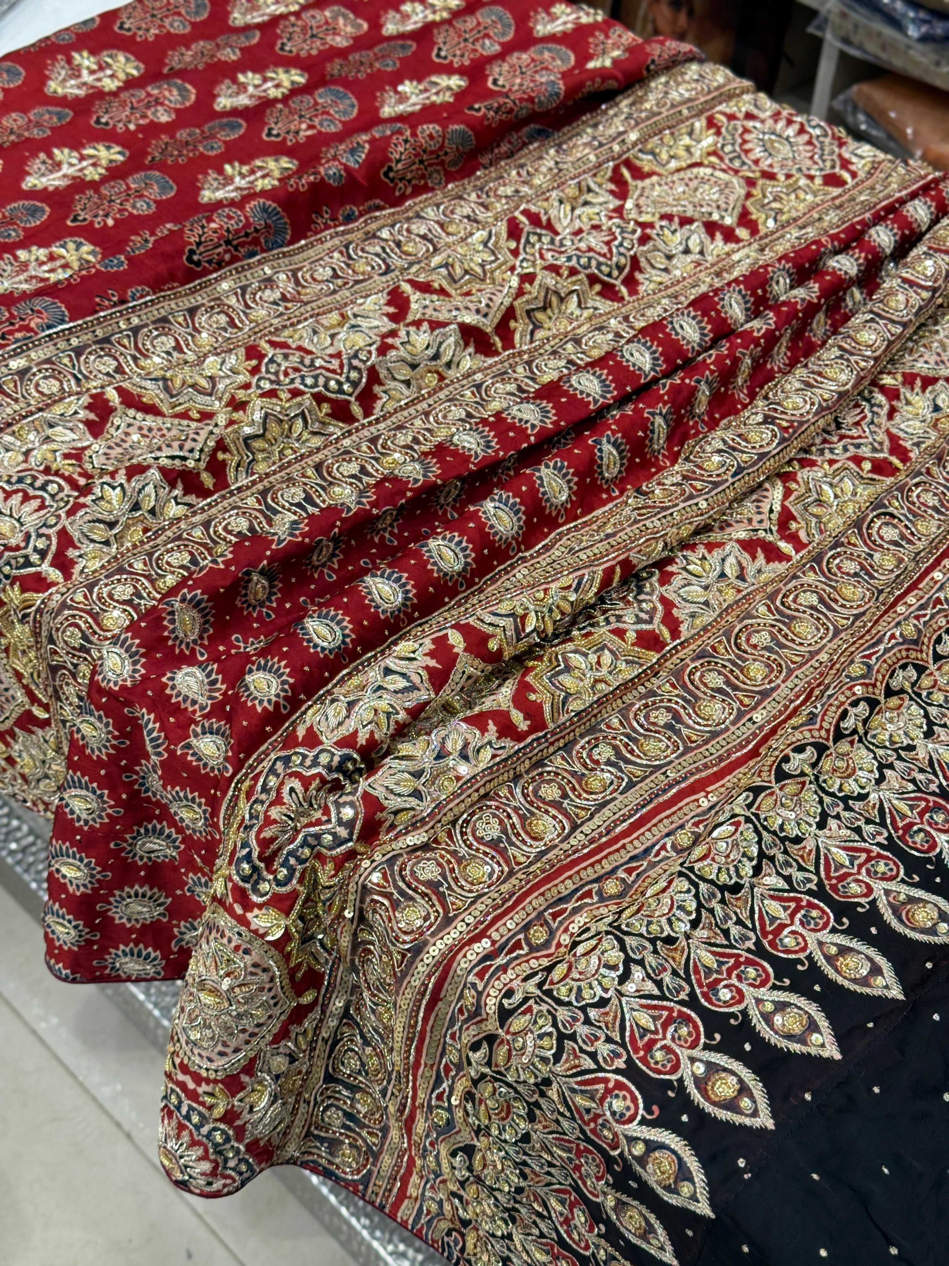 Red Buttis Pita Zardosi Sequin Ajrakh Hand Embroidery Saree