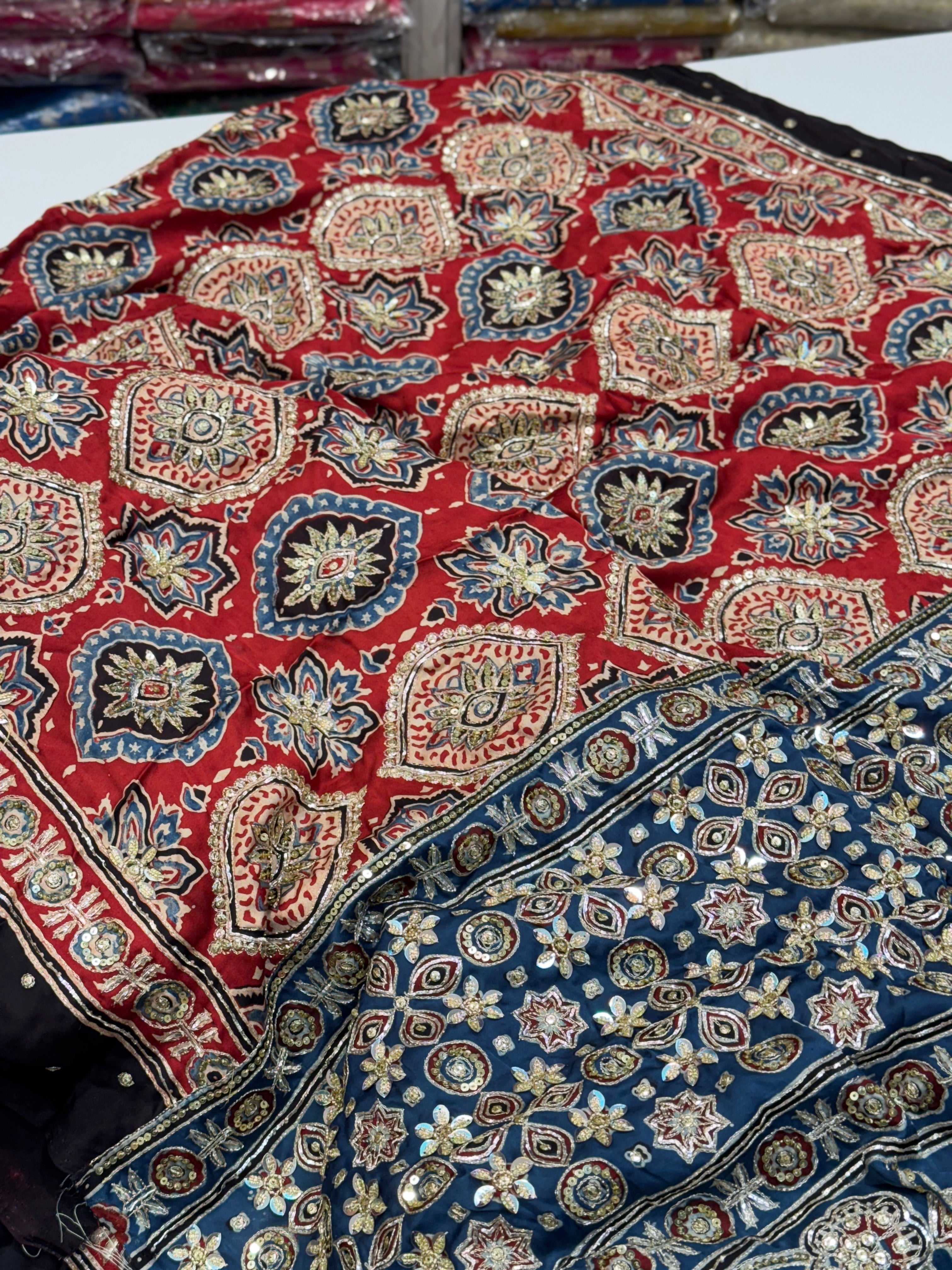 Red Blue Pallu Badam Jaal Ajrakh Hand Embroidery Saree