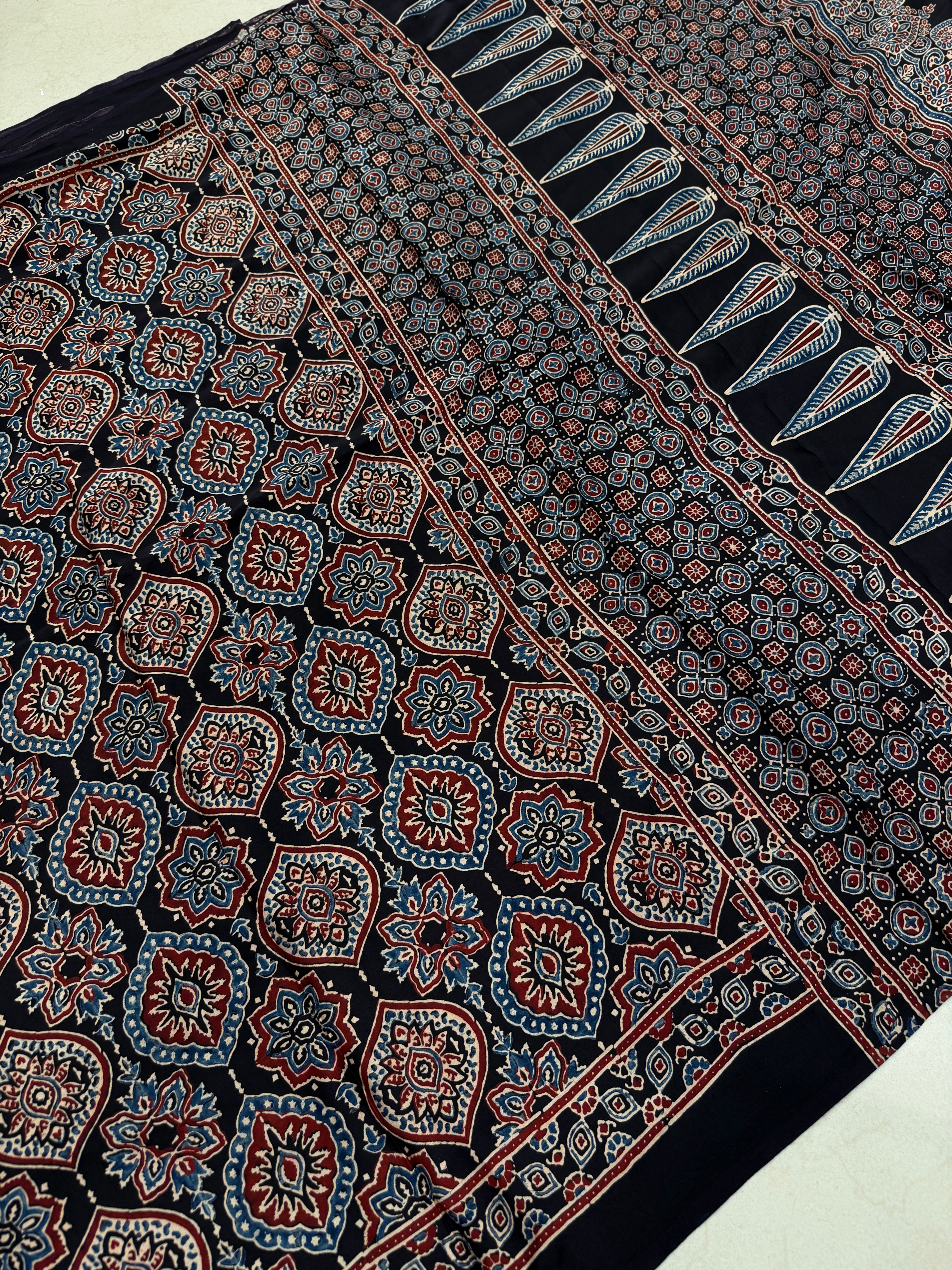 Black Badam Jaal Ajrakh Block Print Hand Pure Gajji Silk Saree