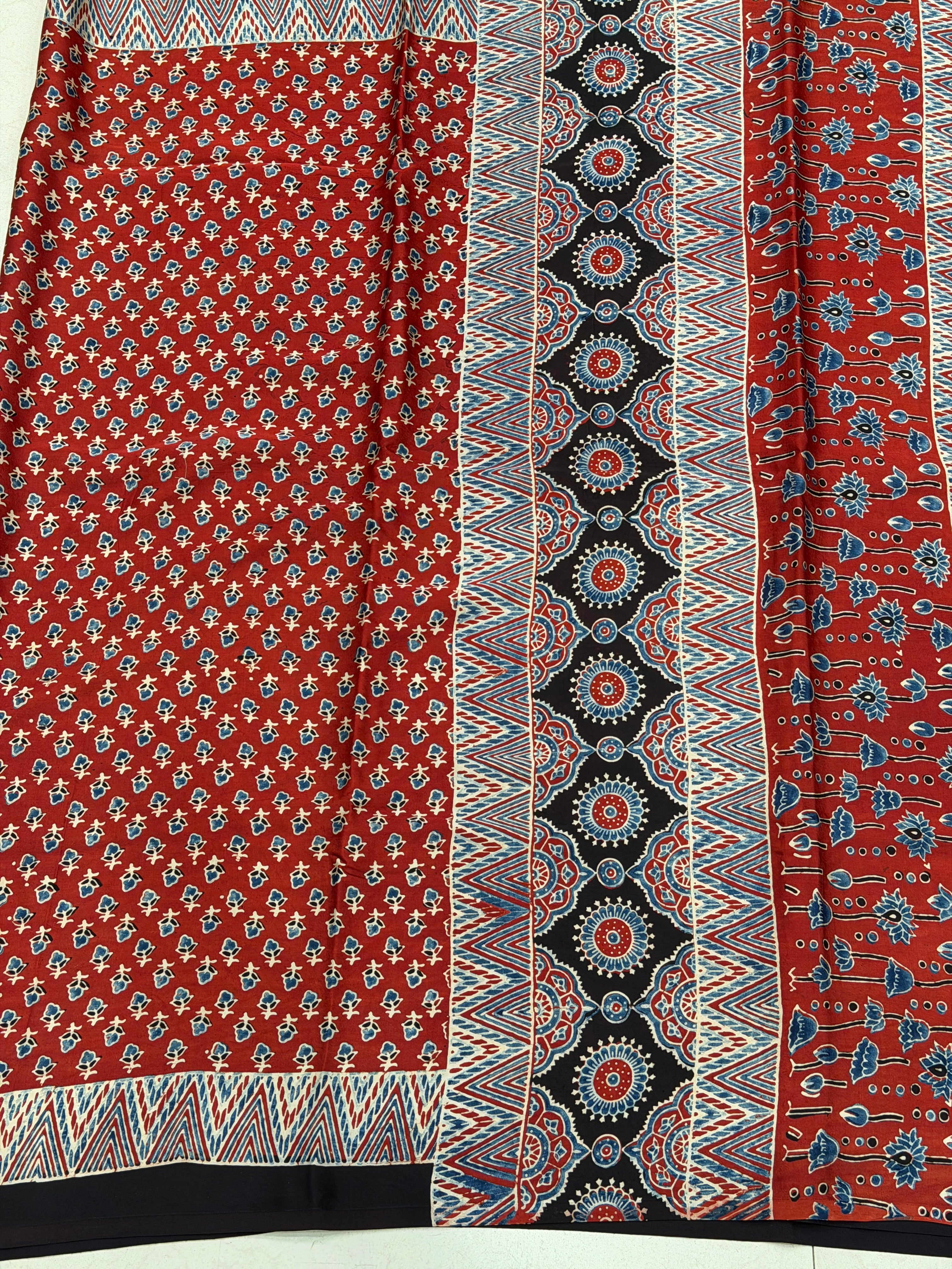 Red Bud Buttis Ajrakh Hand Block Print Pure Modal Silk Saree